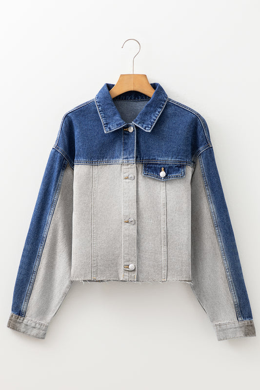 Dusk Blue Color Block Patchwork Flap Detail Distress Denim Jacket-Outerwear/Denim jackets-[Adult]-[Female]-2022 Online Blue Zone Planet