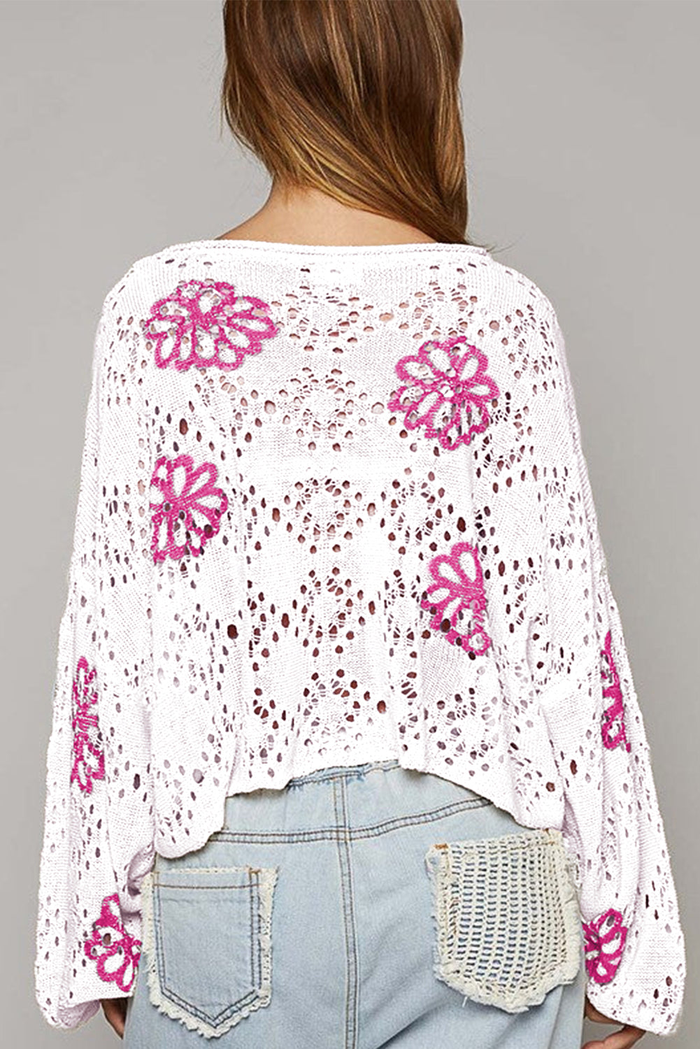 White Contrast Flower Print Eyelet Drop Shoulder Sweater-Sweaters & Cardigans/Sweaters-[Adult]-[Female]-2022 Online Blue Zone Planet