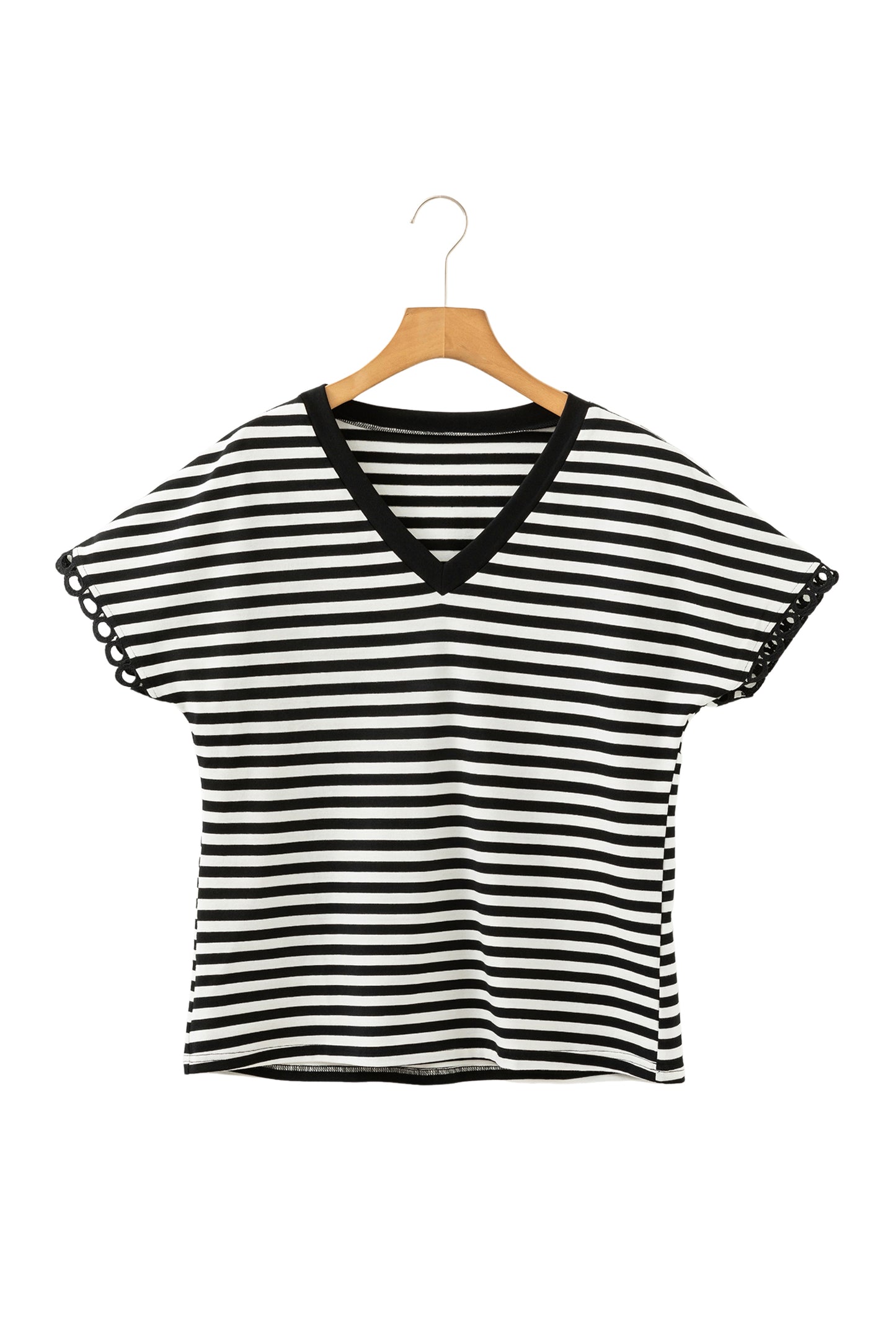 Black Striped Print V Neck Delicate Trim Casual Tee-Tops/Tops & Tees-[Adult]-[Female]-2022 Online Blue Zone Planet