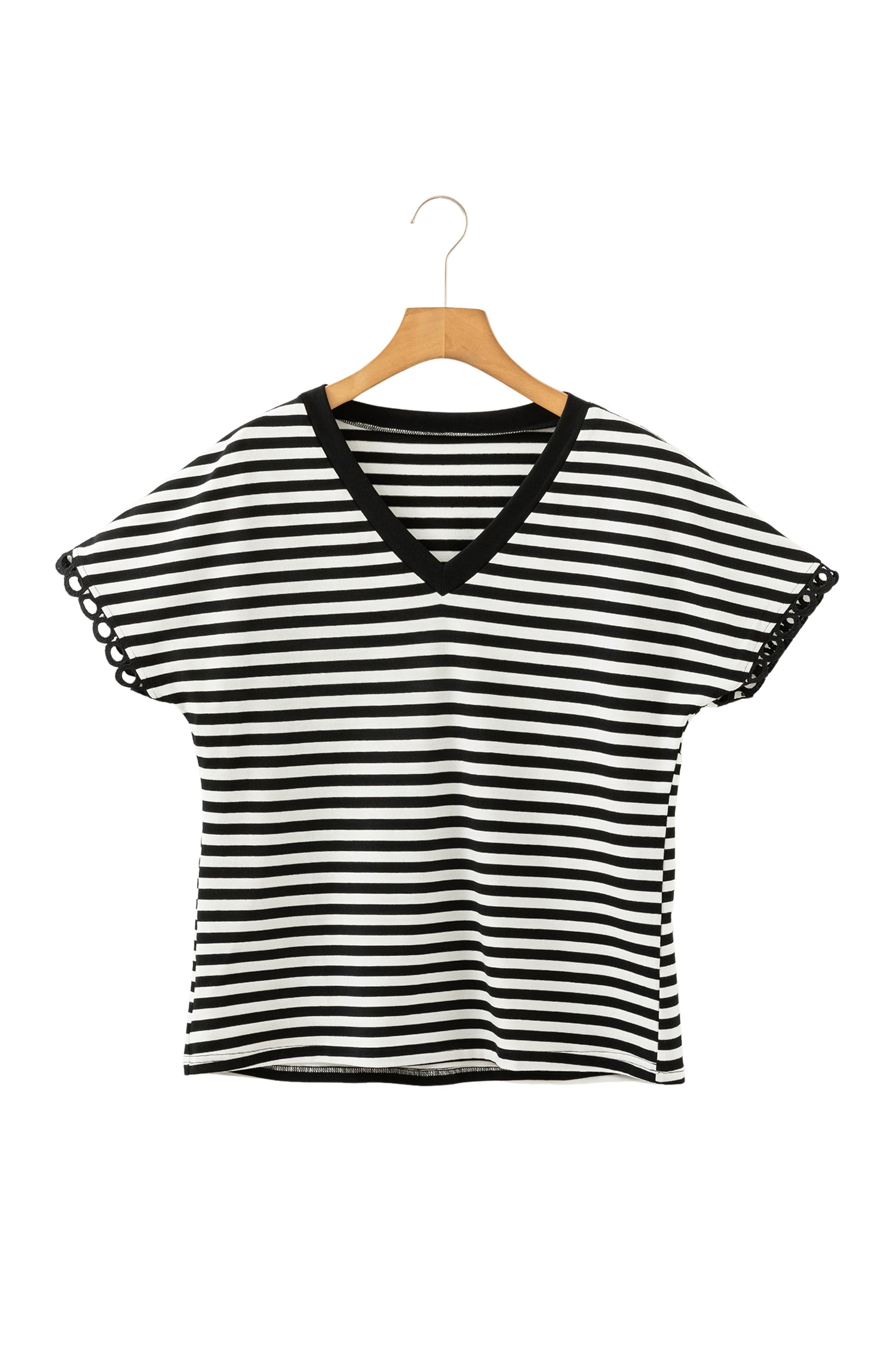 Black Striped Print V Neck Delicate Trim Casual Tee-Tops/Tops & Tees-[Adult]-[Female]-2022 Online Blue Zone Planet