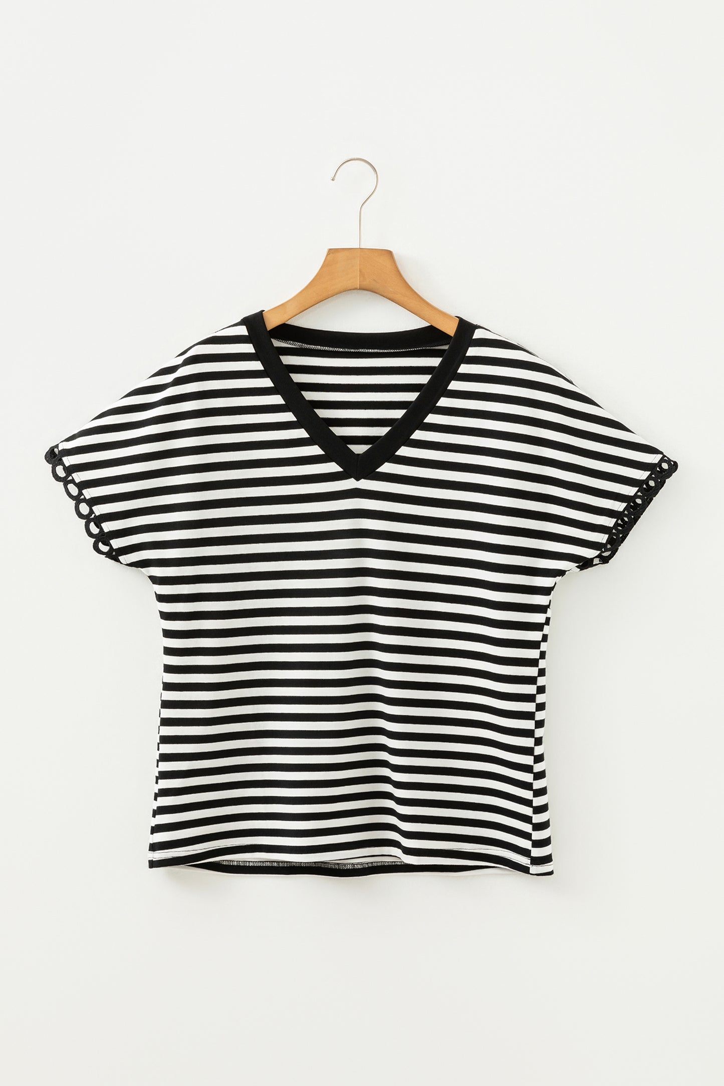 Black Striped Print V Neck Delicate Trim Casual Tee-Tops/Tops & Tees-[Adult]-[Female]-2022 Online Blue Zone Planet