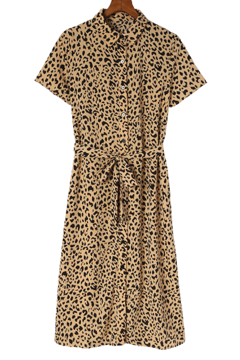 Khaki Leopard Turn-Down Collar Slit Midi Dress Blue Zone Planet