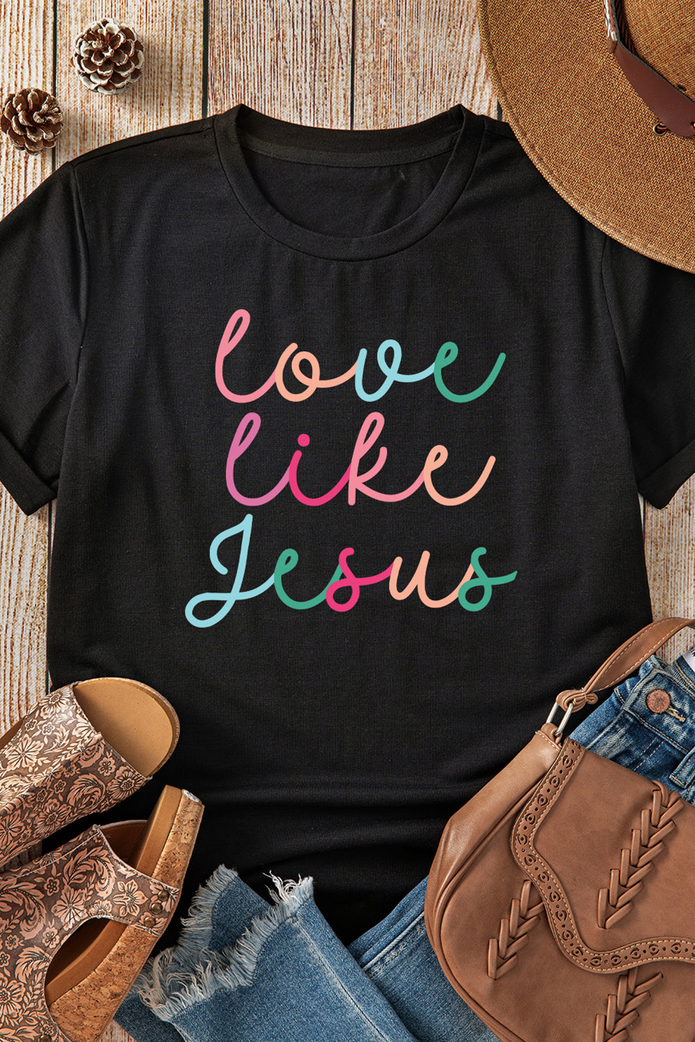 Black Love Like Jesus Crew Neck Graphic Tee-Graphic/Graphic Tees-[Adult]-[Female]-2022 Online Blue Zone Planet
