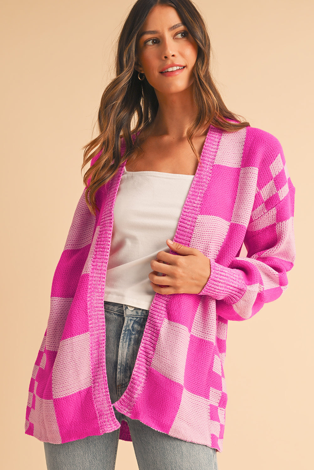 Blue Zone Planet | Rose Red Checkered Printed Ribbed Trim Open Front Cardigan-Cardigans-[Adult]-[Female]-2022 Online Blue Zone Planet