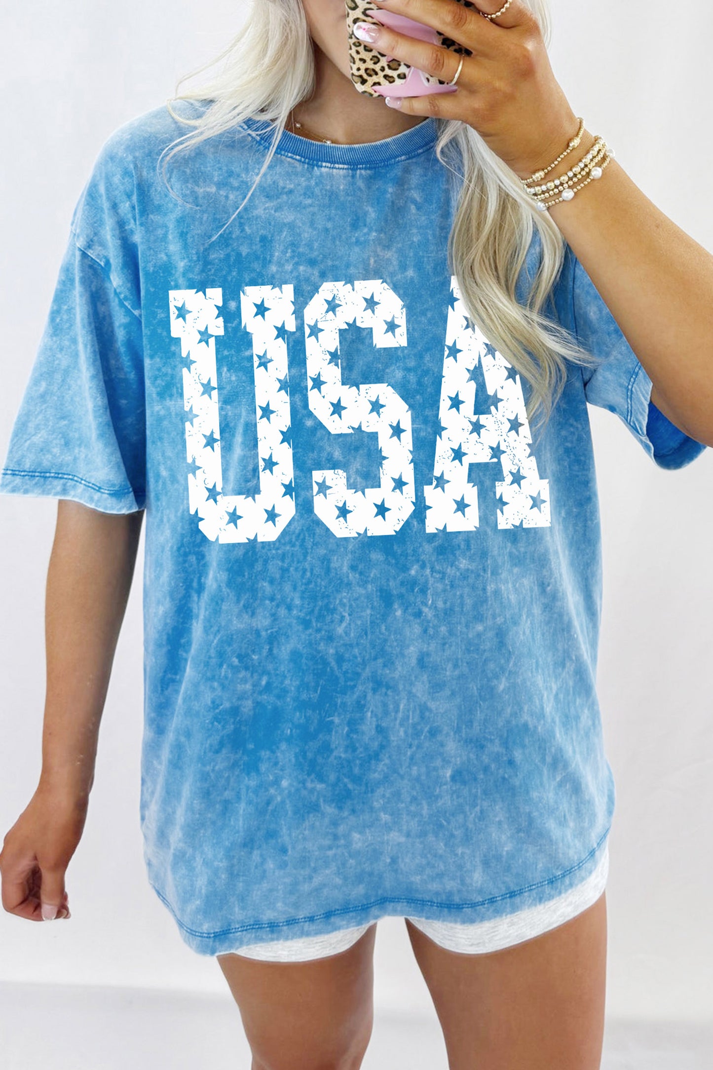 Blue USA Star Print Mineral Washed Cotton Tee-Graphic/Graphic Tees-[Adult]-[Female]-Blue-S-2022 Online Blue Zone Planet