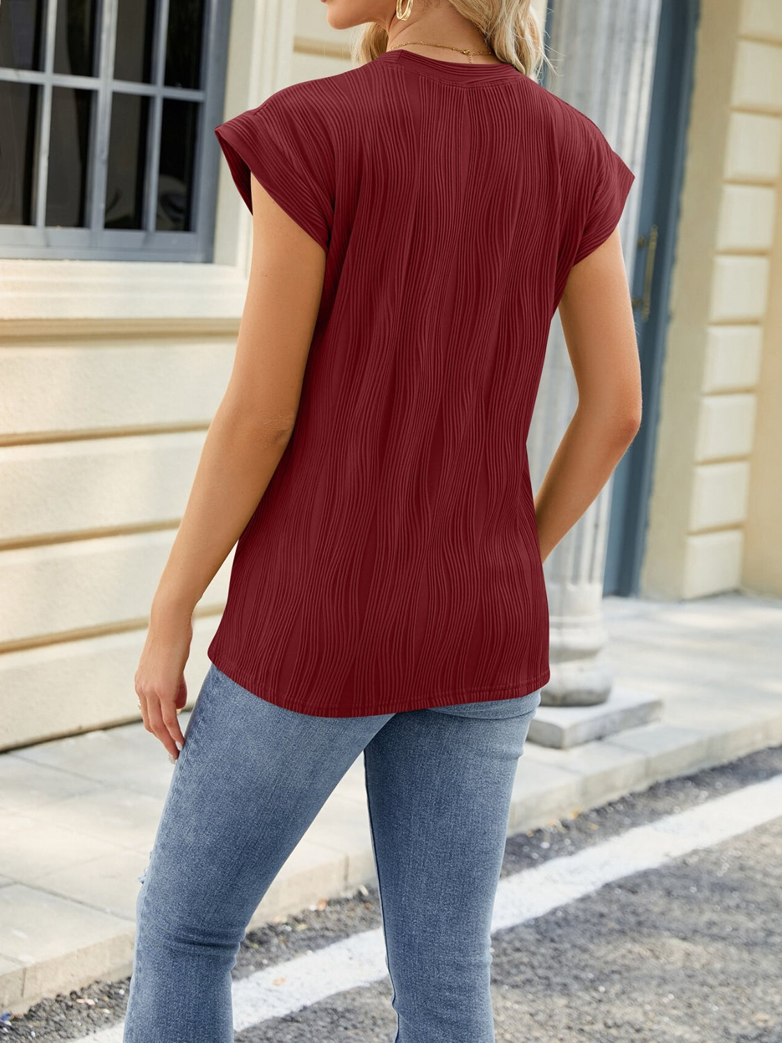 Textured Round Neck Cap Sleeve T-Shirt-TOPS / DRESSES-[Adult]-[Female]-2022 Online Blue Zone Planet