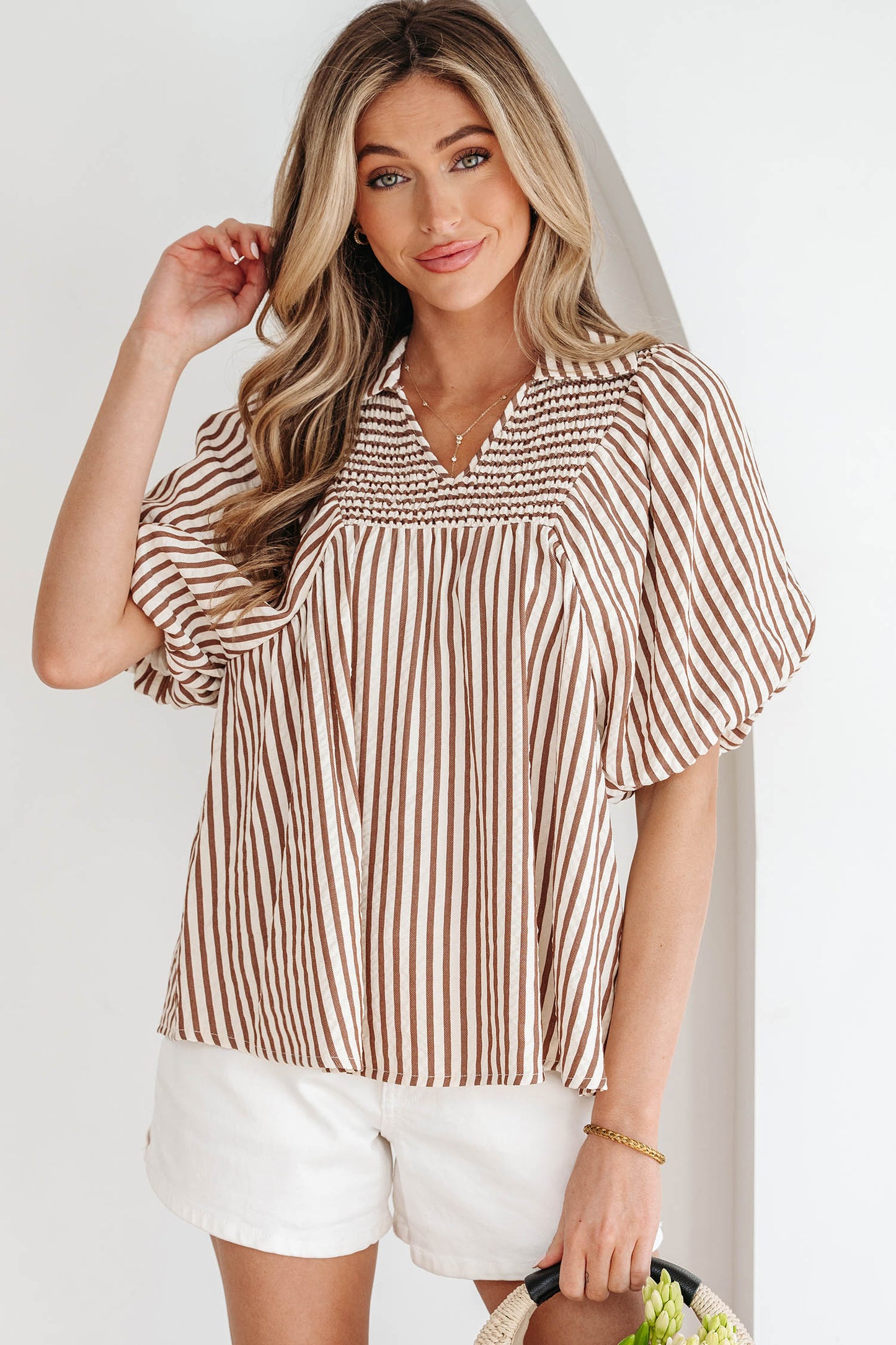 Brown Stripe Shirred V Neck Short Puff Sleeve Blouse-Tops/Blouses & Shirts-[Adult]-[Female]-2022 Online Blue Zone Planet
