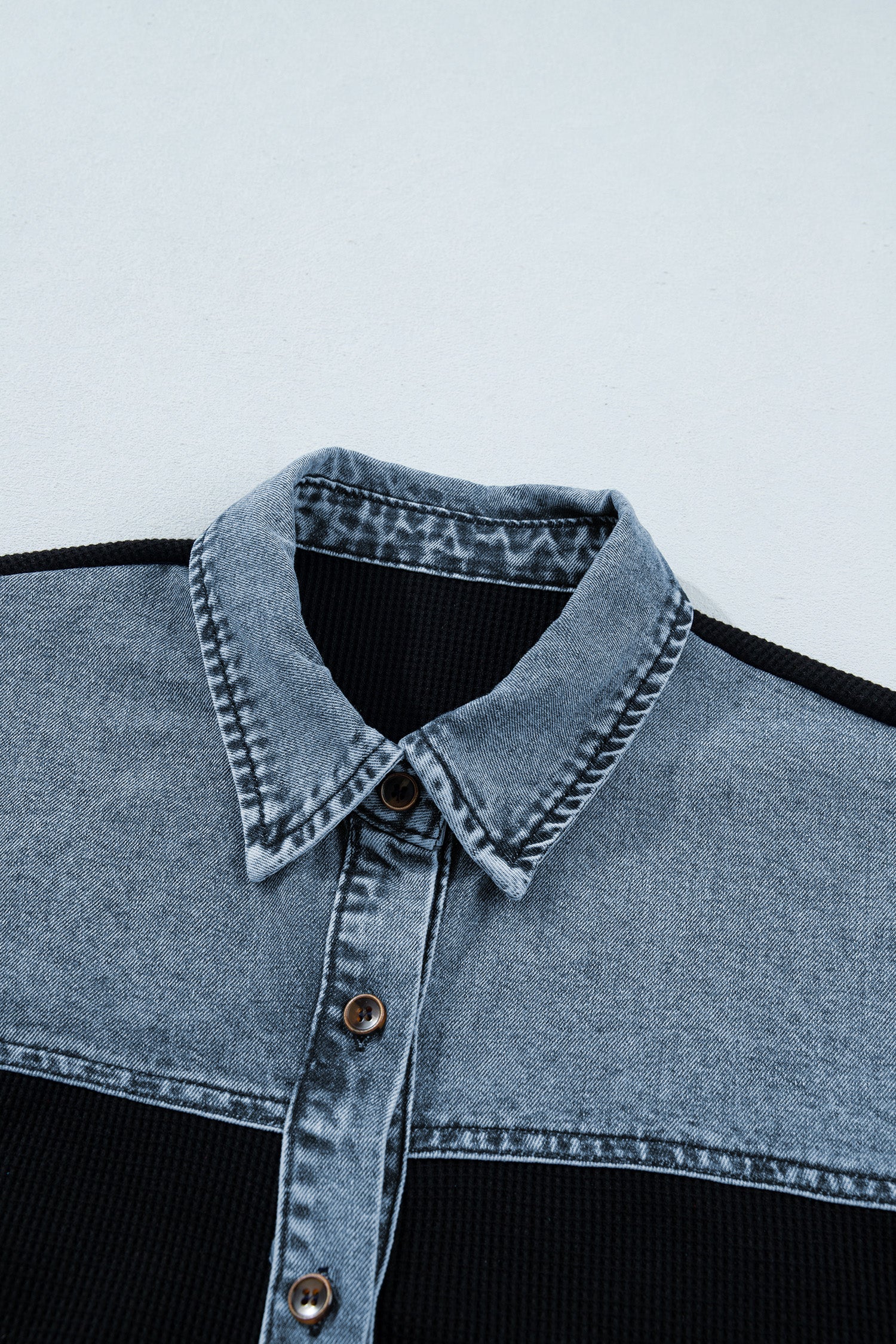 Black Textured Knit Denim Color Block Patchwork Collar Button Down Shirt-Tops/Blouses & Shirts-[Adult]-[Female]-2022 Online Blue Zone Planet