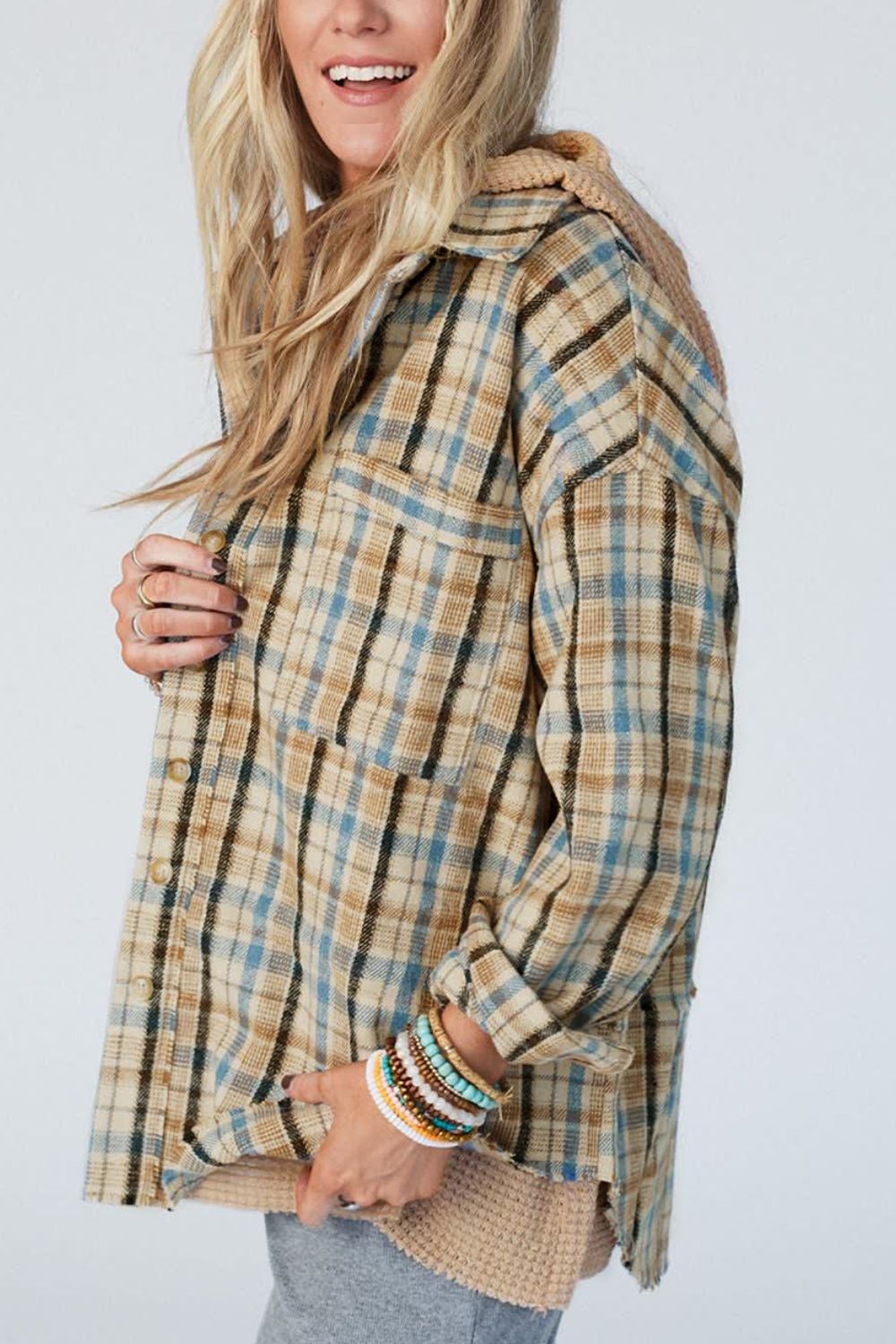 Drawstring Waffle Knit Patchwork Hooded Plaid Shacket-TOPS / DRESSES-[Adult]-[Female]-2022 Online Blue Zone Planet