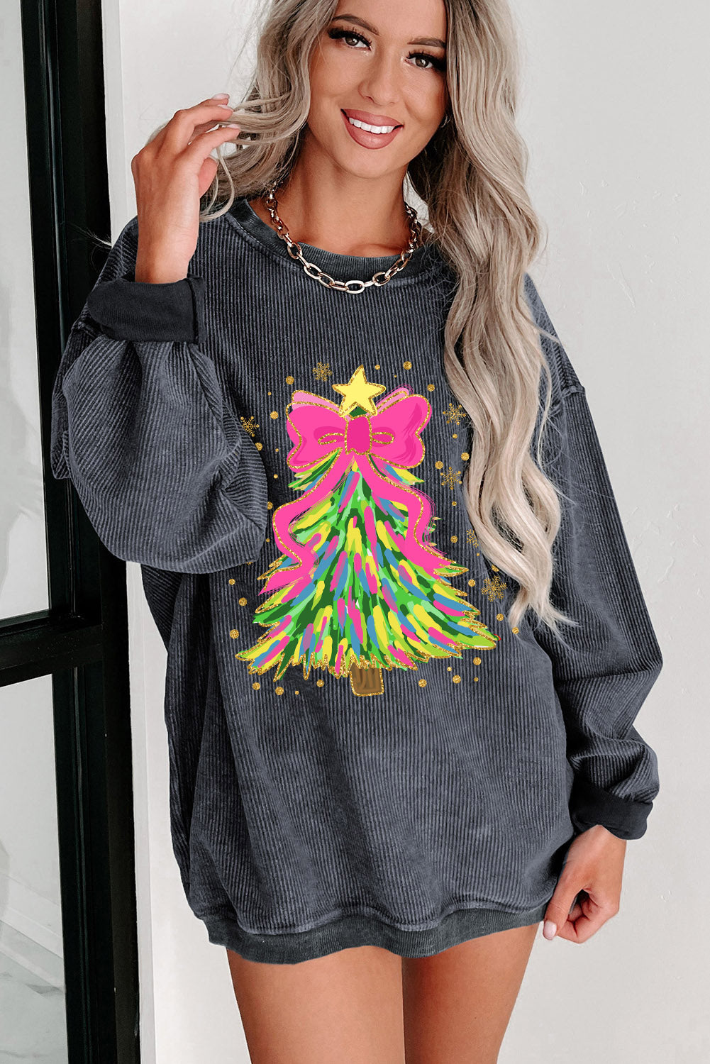 Blue Zone Planet | Gray Stunning Christmas Tree Printed Drop Shoulder Corded Sweatshirt-Graphic Sweatshirts-[Adult]-[Female]-2022 Online Blue Zone Planet