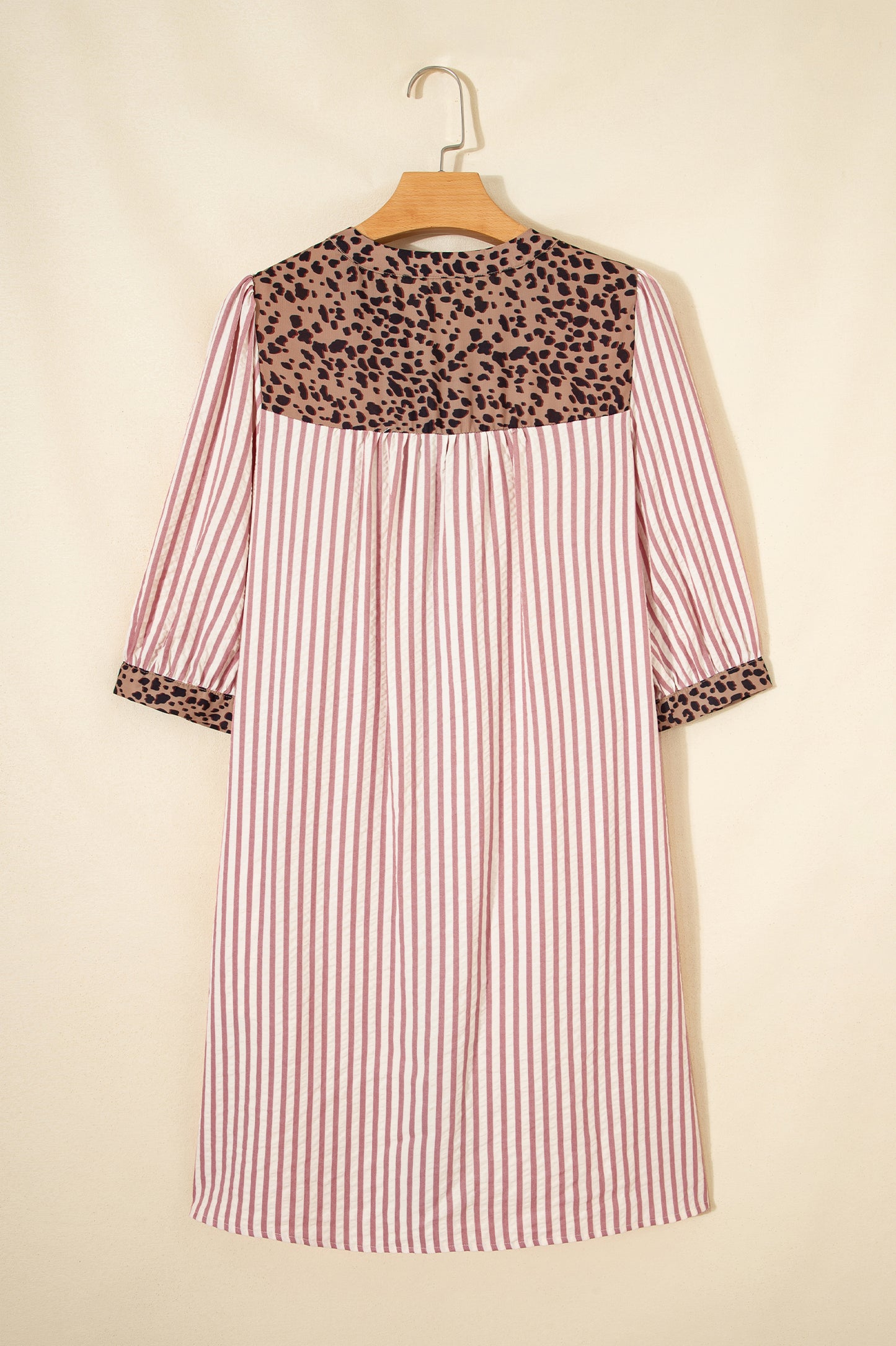 Pink Stripe Square Button Leopard Trim Loose Bracelet Sleeve Shirt Dress-Bracelet-[Adult]-[Female]-2022 Online Blue Zone Planet