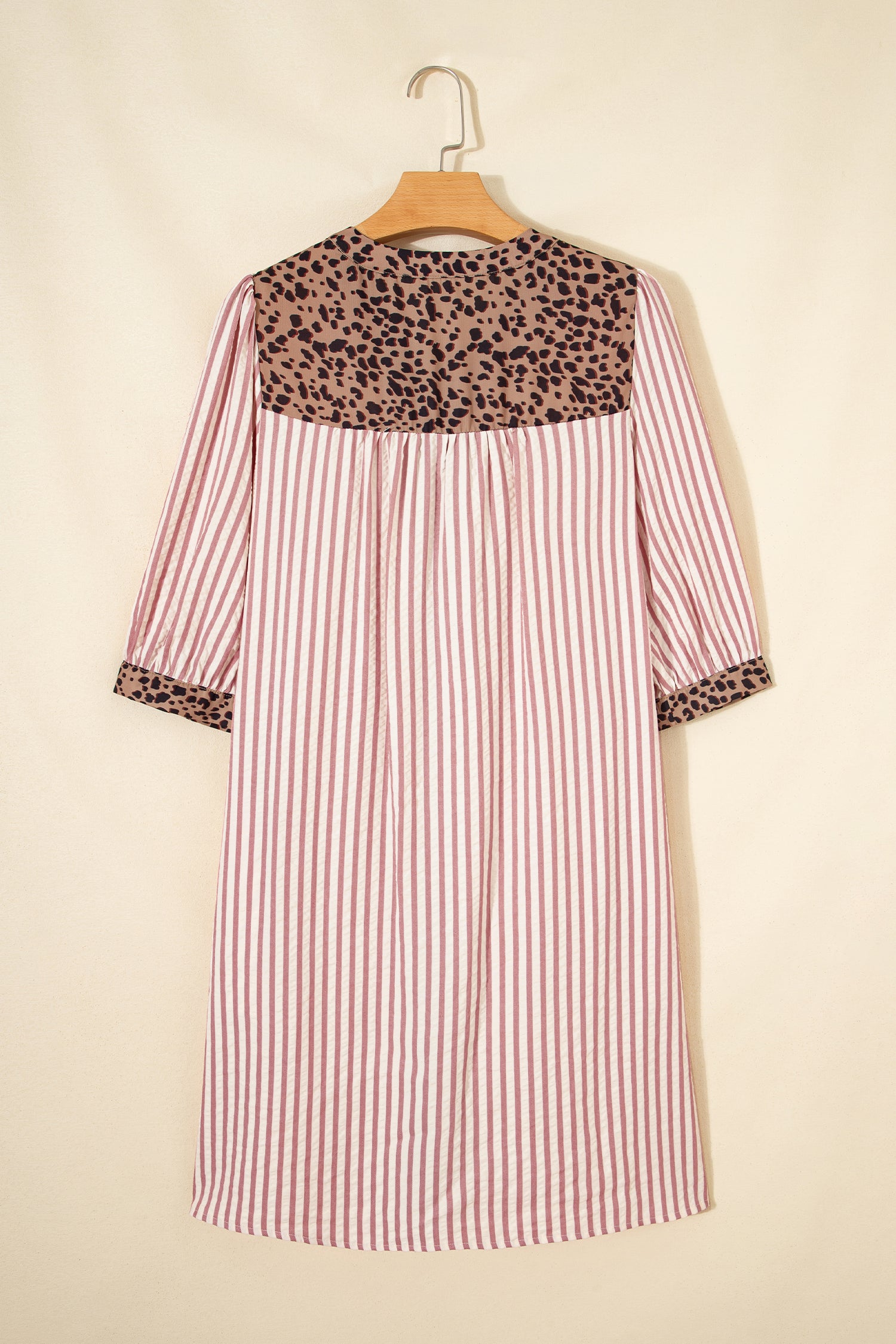 Pink Stripe Square Button Leopard Trim Loose Bracelet Sleeve Shirt Dress-Bracelet-[Adult]-[Female]-2022 Online Blue Zone Planet