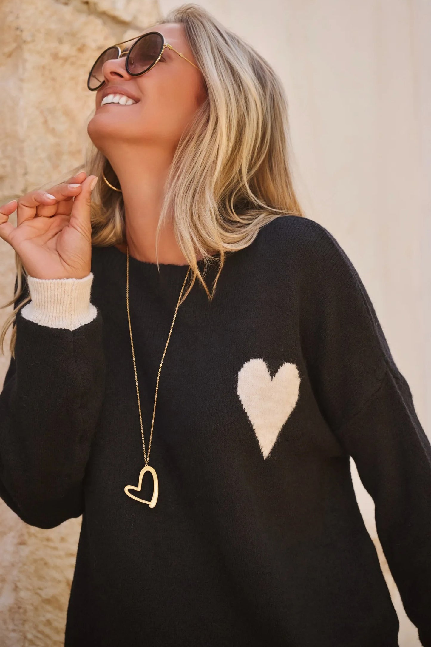 Black Heart Detail Contrast Cuffs Baggy Sweater-TOPS / DRESSES-[Adult]-[Female]-2022 Online Blue Zone Planet