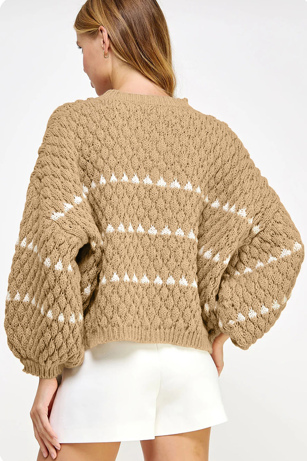 Pale Khaki Contrast Detail Textured Knit Puff Sleeve Baggy Sweater-Sweaters & Cardigans/Sweaters-[Adult]-[Female]-2022 Online Blue Zone Planet