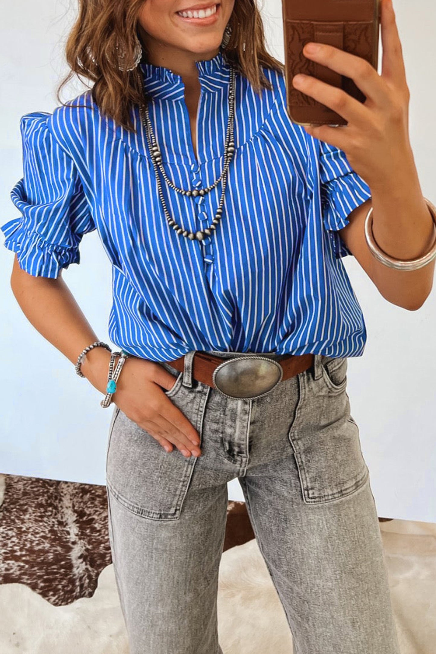 Blue Stripe Ruffled Short Puff Sleeve Button Front Blouse-Tops/Blouses & Shirts-[Adult]-[Female]-2022 Online Blue Zone Planet