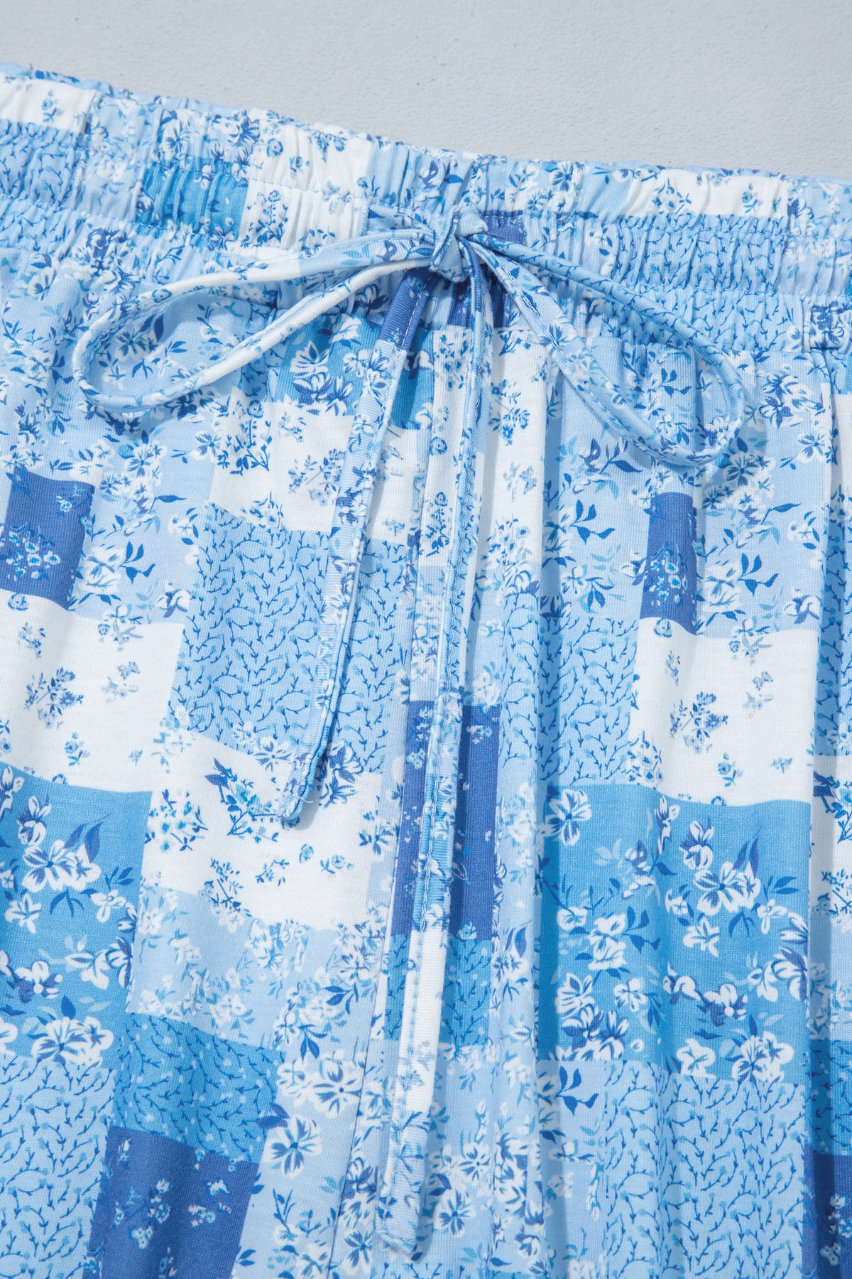 Blue Floral Patchwork V-Neck Long Sleeve Short Bottoms Plus Size Set-Plus Size/Plus Size Sweatshirts & Hoodies-[Adult]-[Female]-2022 Online Blue Zone Planet