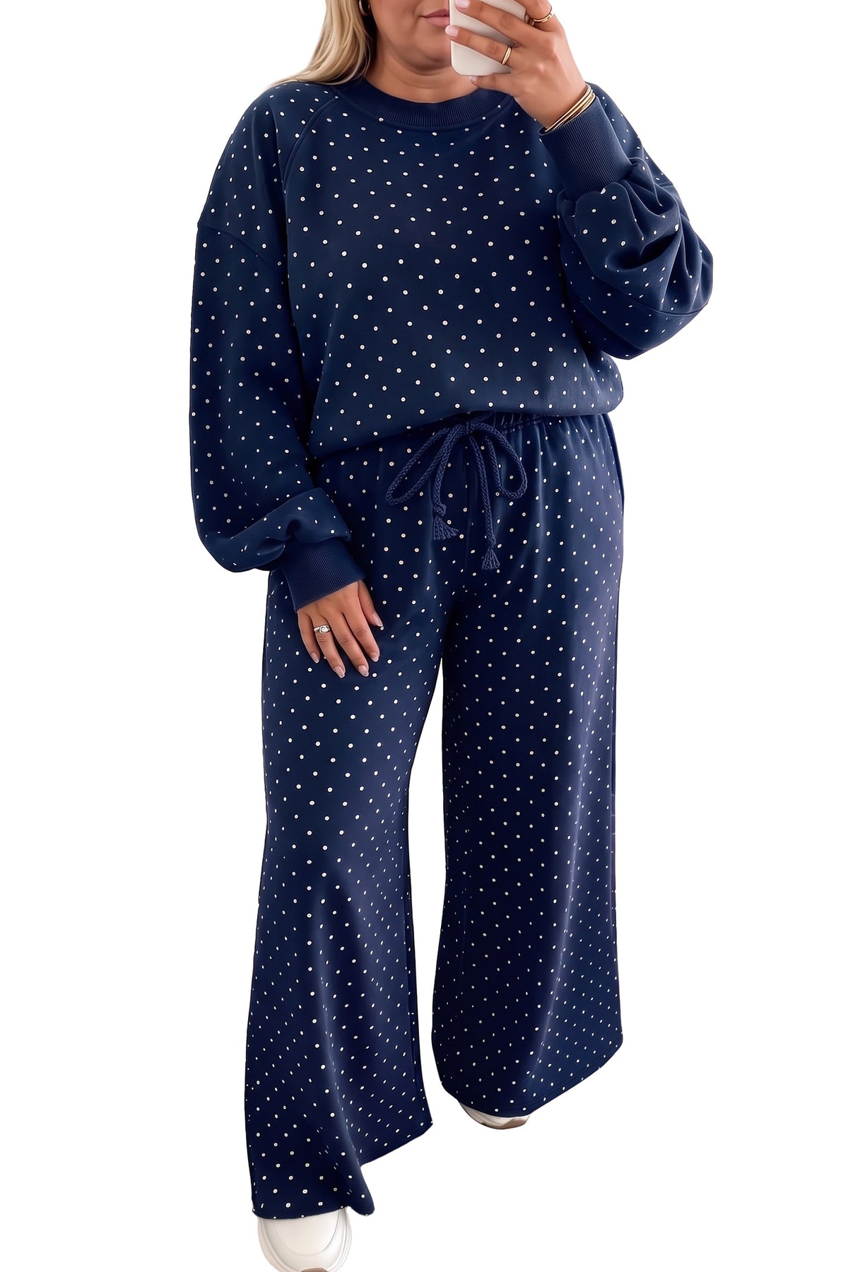 Red Polka Dot Round Neck Long Sleeve Plus Size Set-Plus Size/Plus Size Loungewear-[Adult]-[Female]-2022 Online Blue Zone Planet