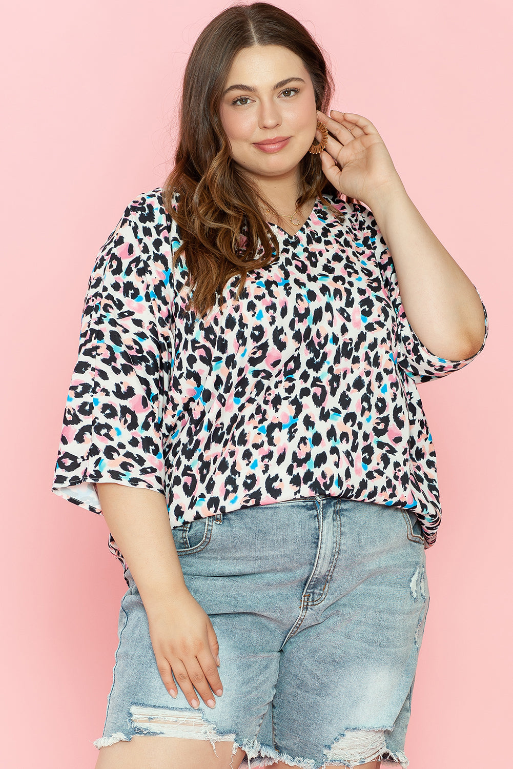 Brown Leopard Print V Neck Batwing Sleeve Plus Size Top-Plus Size/Plus Size Tops/Plus Size Tops & Tees-[Adult]-[Female]-2022 Online Blue Zone Planet