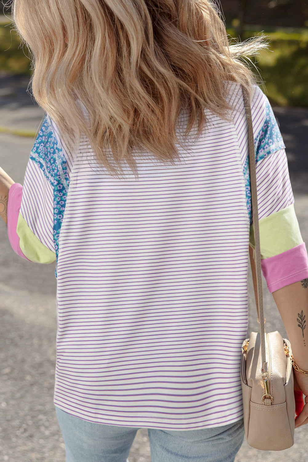 Purple Stripe Floral Color Block Raw Edge Patchwork Bracelet Sleeve Blouse-Tops/Tops & Tees-[Adult]-[Female]-2022 Online Blue Zone Planet