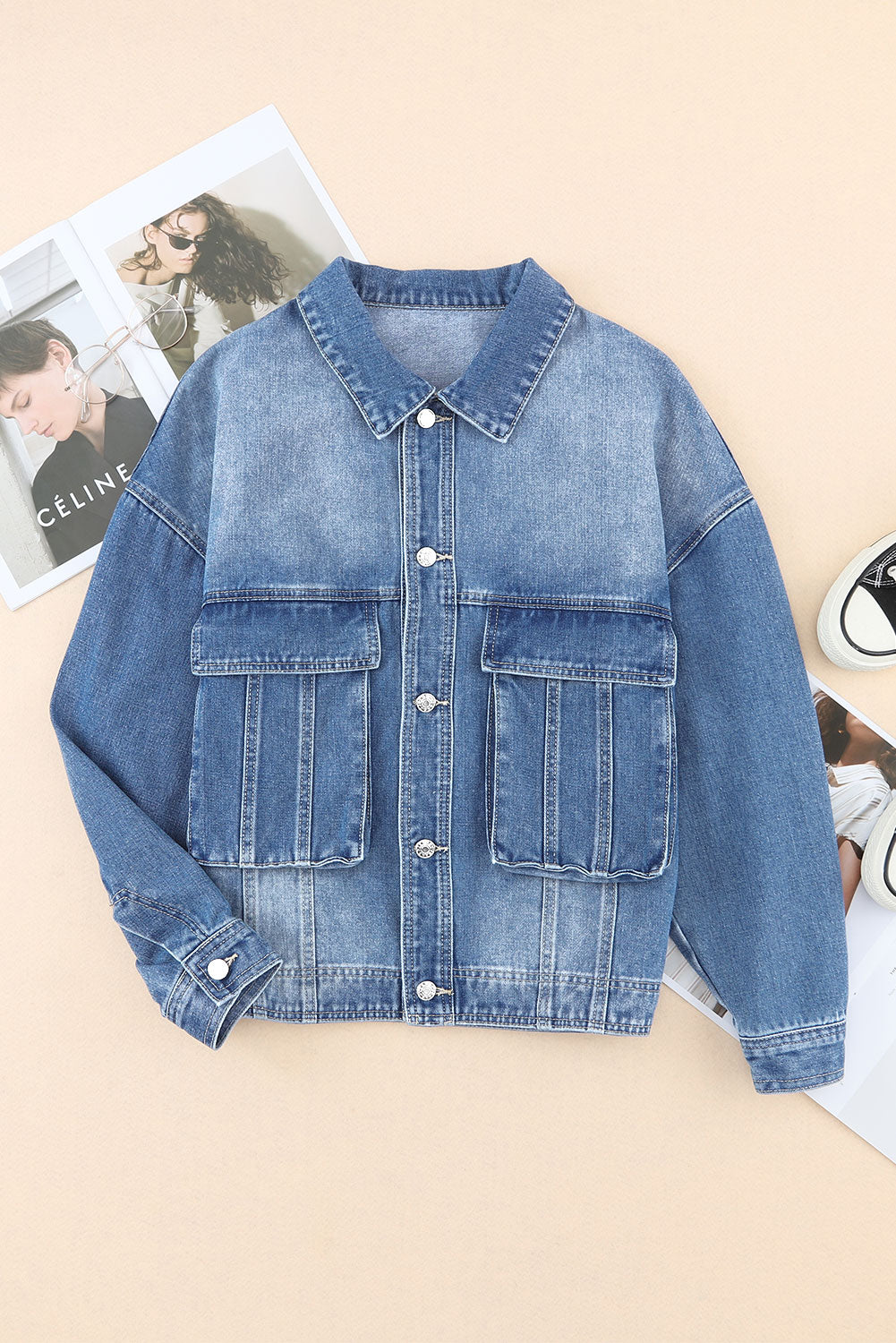 Collared Neck Button Up Denim Jacket-TOPS / DRESSES-[Adult]-[Female]-2022 Online Blue Zone Planet