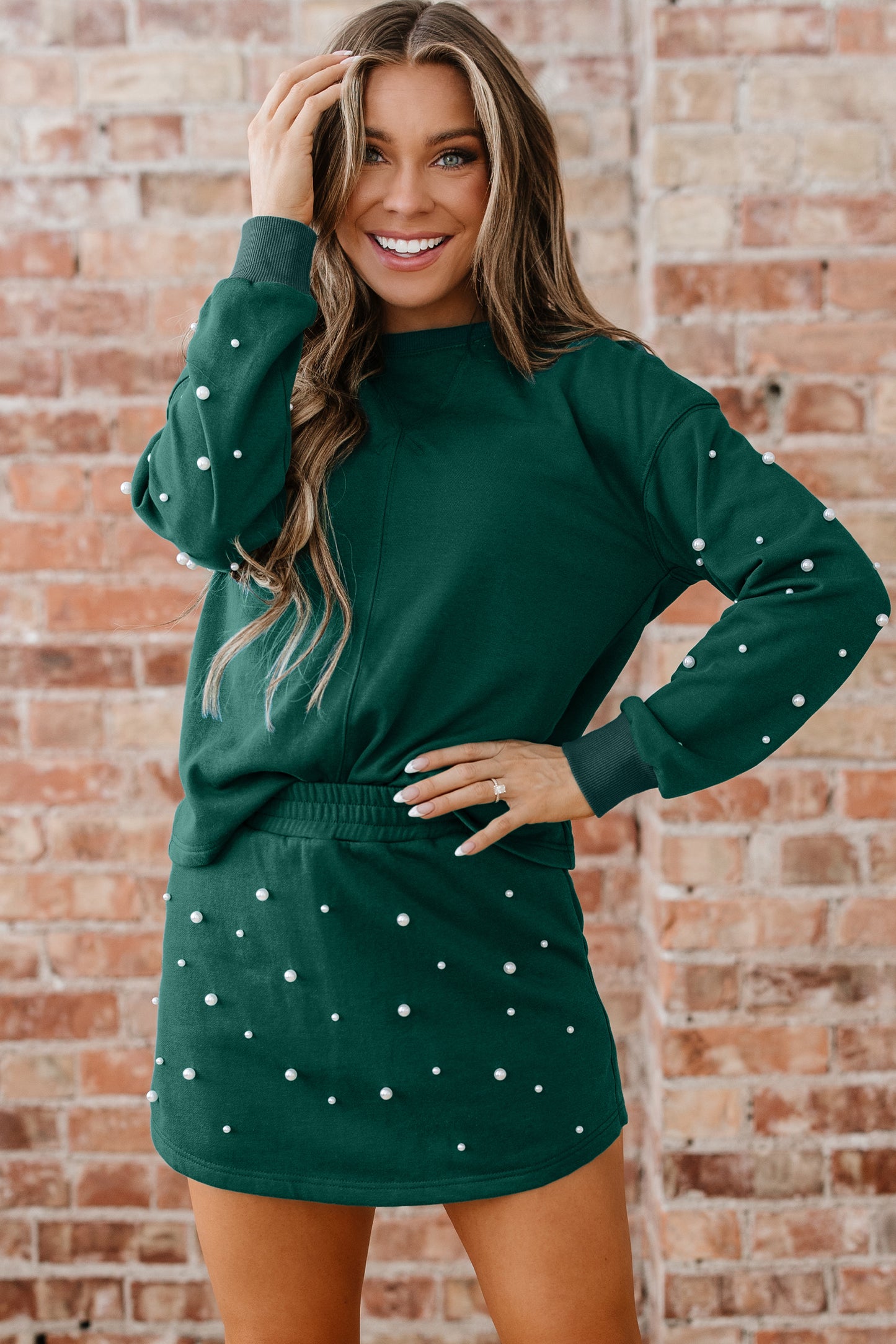Dark Green Pearl Embellished Drop Shoulder Pullover Elastic Waist Mini Skirt Set-Two Piece Sets/Two Piece Dresses-[Adult]-[Female]-2022 Online Blue Zone Planet