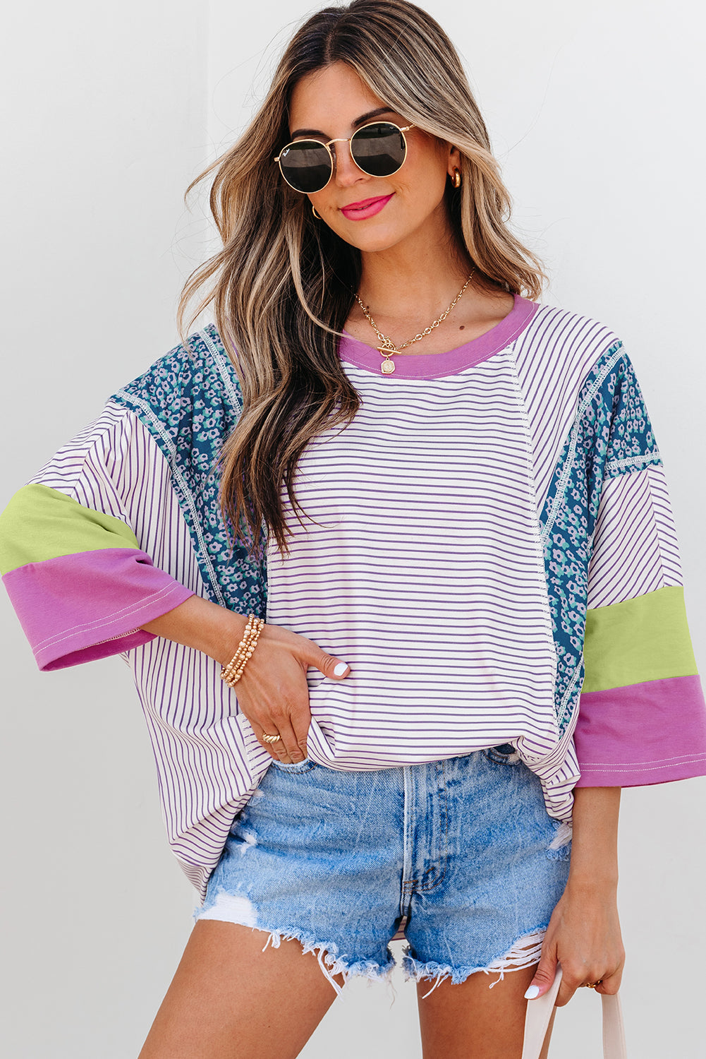 Purple Stripe Floral Color Block Raw Edge Patchwork Bracelet Sleeve Blouse-Bracelet-[Adult]-[Female]-2022 Online Blue Zone Planet