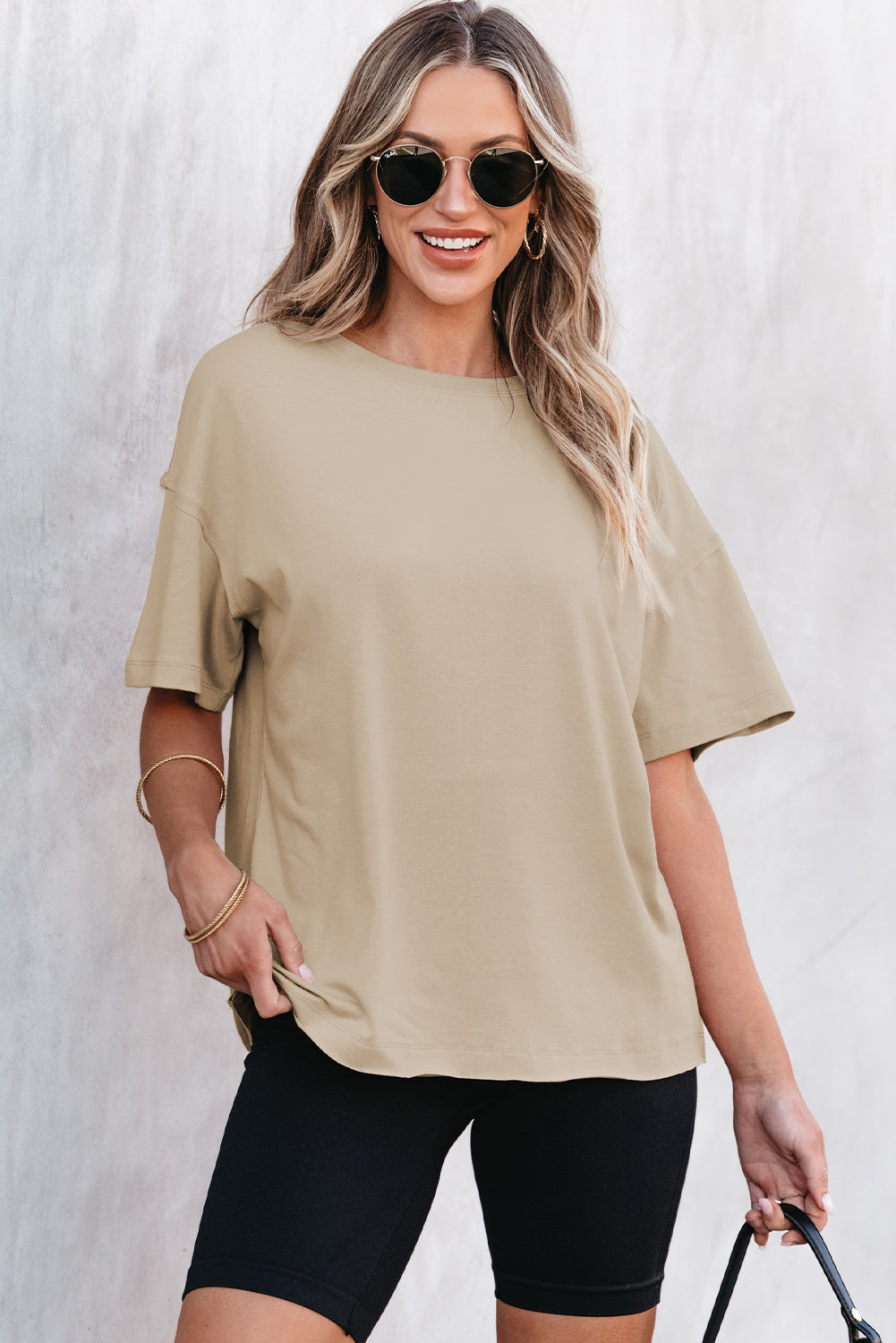 Parchment Raw Seam Patchwork Drop Shoulder Oversize T Shirt-Tops/Tops & Tees-[Adult]-[Female]-2022 Online Blue Zone Planet
