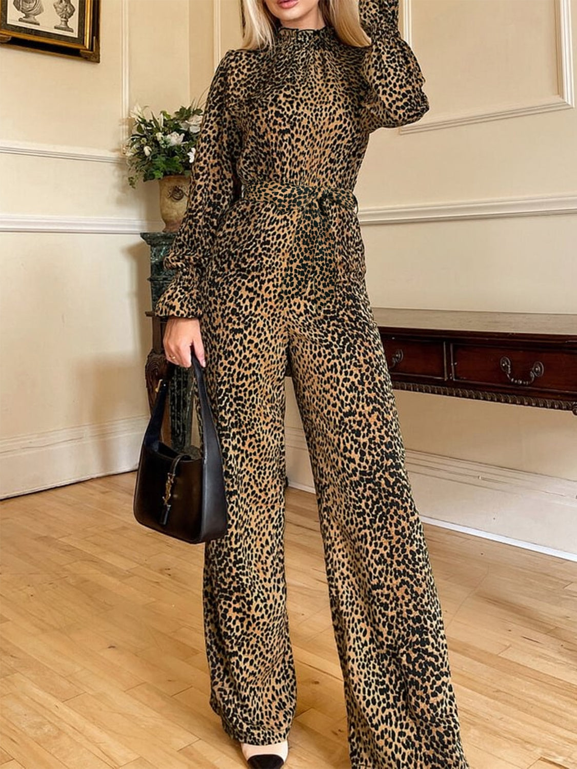 Blue Zone Planet | Leopard Flounce Sleeve Wide Leg Jumpsuit-TOPS / DRESSES-[Adult]-[Female]-2022 Online Blue Zone Planet