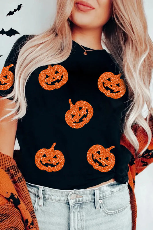 Black Glittering Pumpkin Face Graphic Crewneck Halloween T Shirt-Graphic/Graphic Tees-[Adult]-[Female]-Black-S-2022 Online Blue Zone Planet
