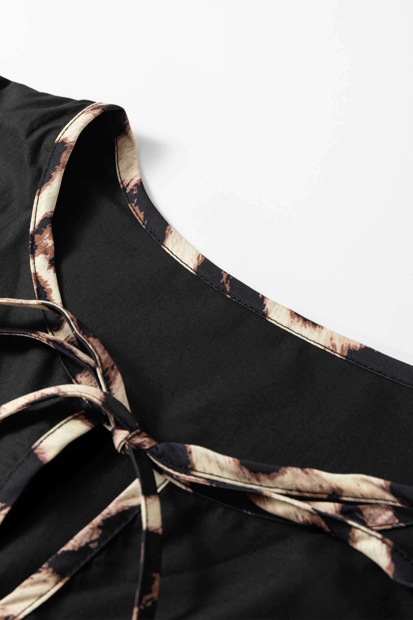 Black Plus Size Long Sleeve Leopard Contrasted Trim Tie Neck Flared Mini Dress-TOPS / DRESSES-[Adult]-[Female]-2022 Online Blue Zone Planet