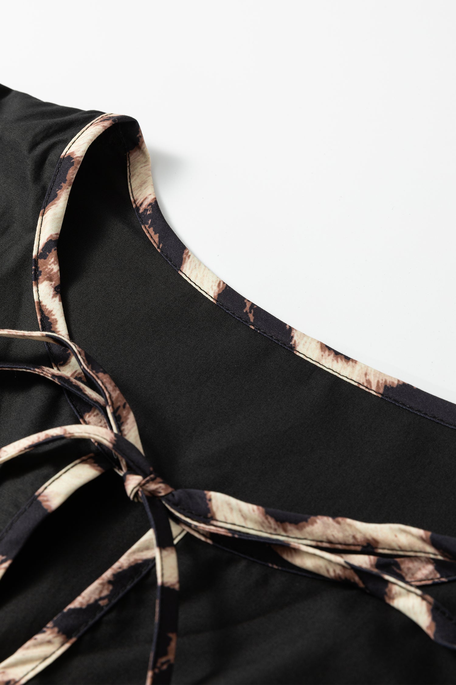 Black Plus Size Long Sleeve Leopard Contrasted Trim Tie Neck Flared Mini Dress-TOPS / DRESSES-[Adult]-[Female]-2022 Online Blue Zone Planet