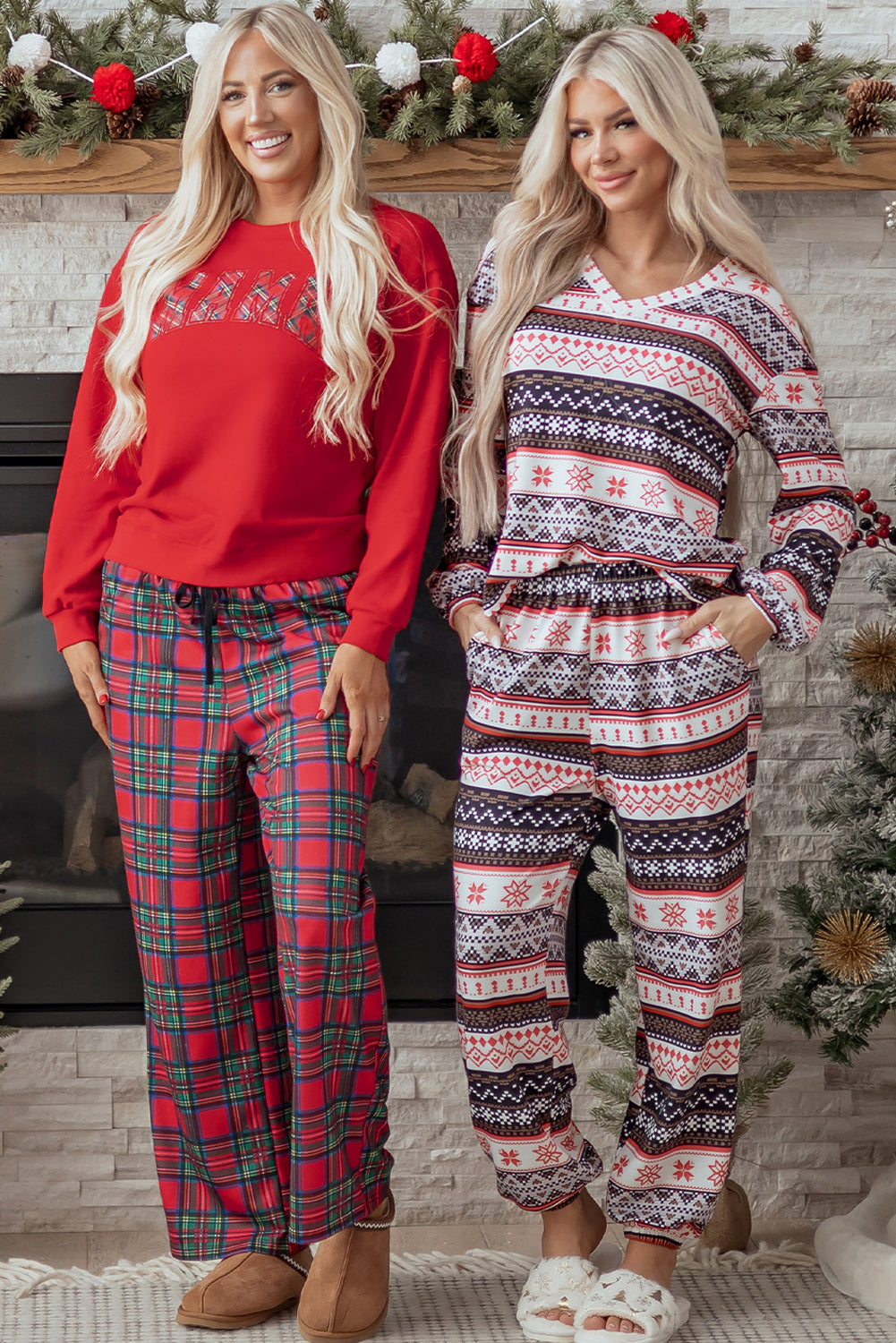 Red Plaid Mama Graphic Christmas Holiday Crewneck Pullover And Pants Two Piece Lounge Set