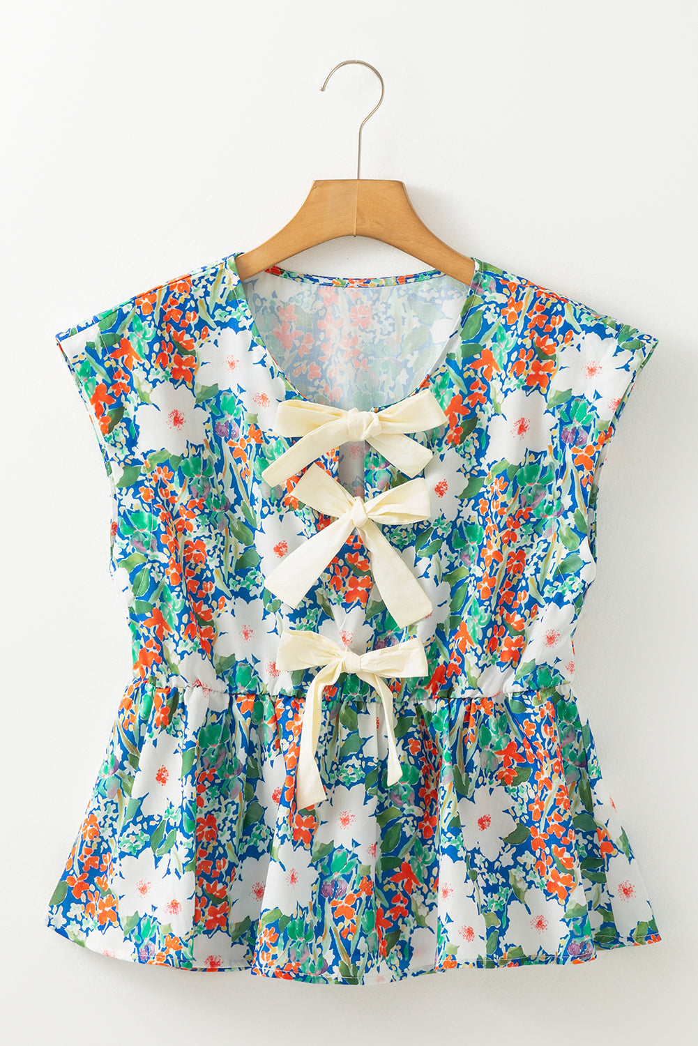 Dark Blue Floral Bow Front Sleeveless Peplum Shirt-Sleeveless Shirts-[Adult]-[Female]-2022 Online Blue Zone Planet