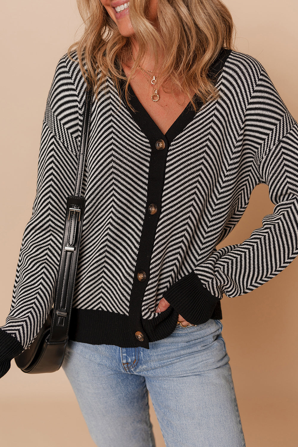 Black Stripe Buttoned Front V Neck Herringbone Cardigan-Sweaters & Cardigans/Cardigans-[Adult]-[Female]-White Stripe-S-2022 Online Blue Zone Planet