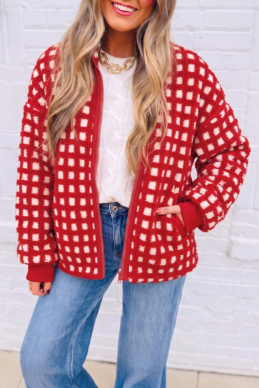 Fiery Red Plaid Zip-up Long Sleeve Jacket-Outerwear/Jackets-[Adult]-[Female]-Fiery Red-S-2022 Online Blue Zone Planet