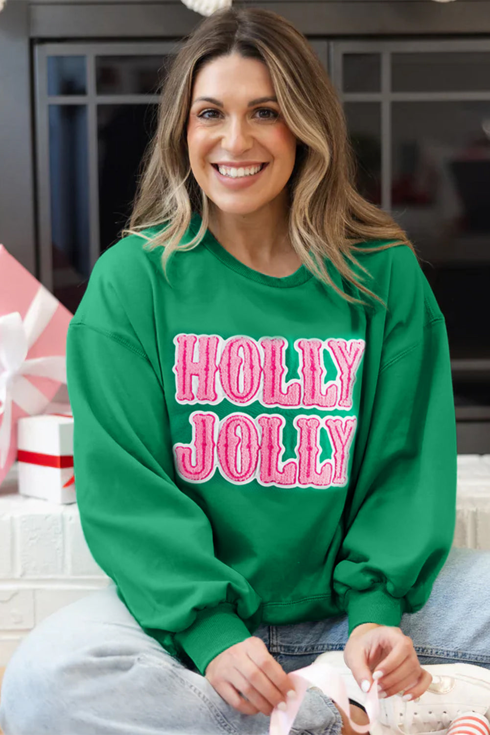 Sea Green Holly Jolly Towel Embroidered Christmas Holiday Sweatshirt-Tops/Sweatshirts & Hoodies-[Adult]-[Female]-2022 Online Blue Zone Planet