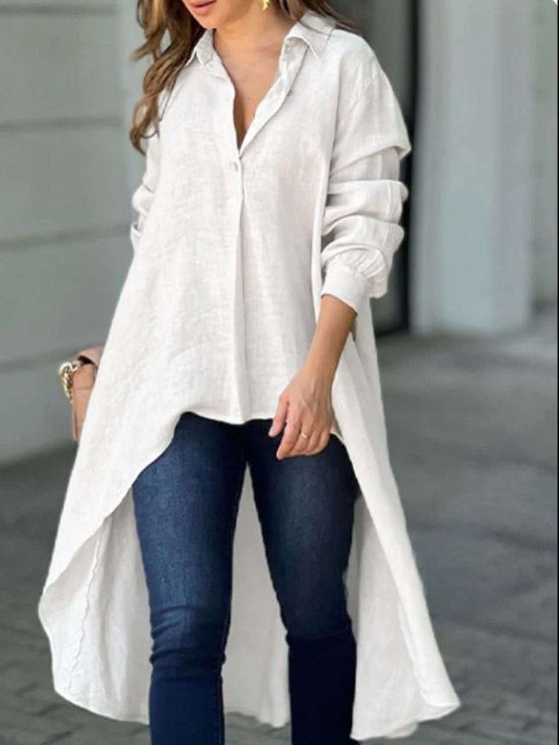 Full Size High-Low Collared Neck Long Sleeve Shirt-TOPS / DRESSES-[Adult]-[Female]-White-S-2022 Online Blue Zone Planet