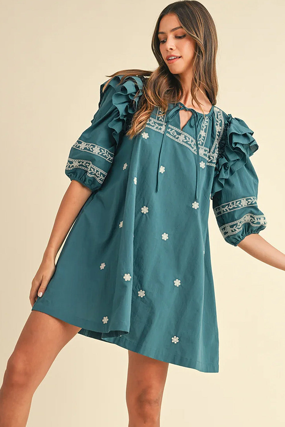 Skobeloff Boho Floral Ruffle Puff Sleeve Lace-up V Neck Mini Dress-TOPS / DRESSES-[Adult]-[Female]-2022 Online Blue Zone Planet