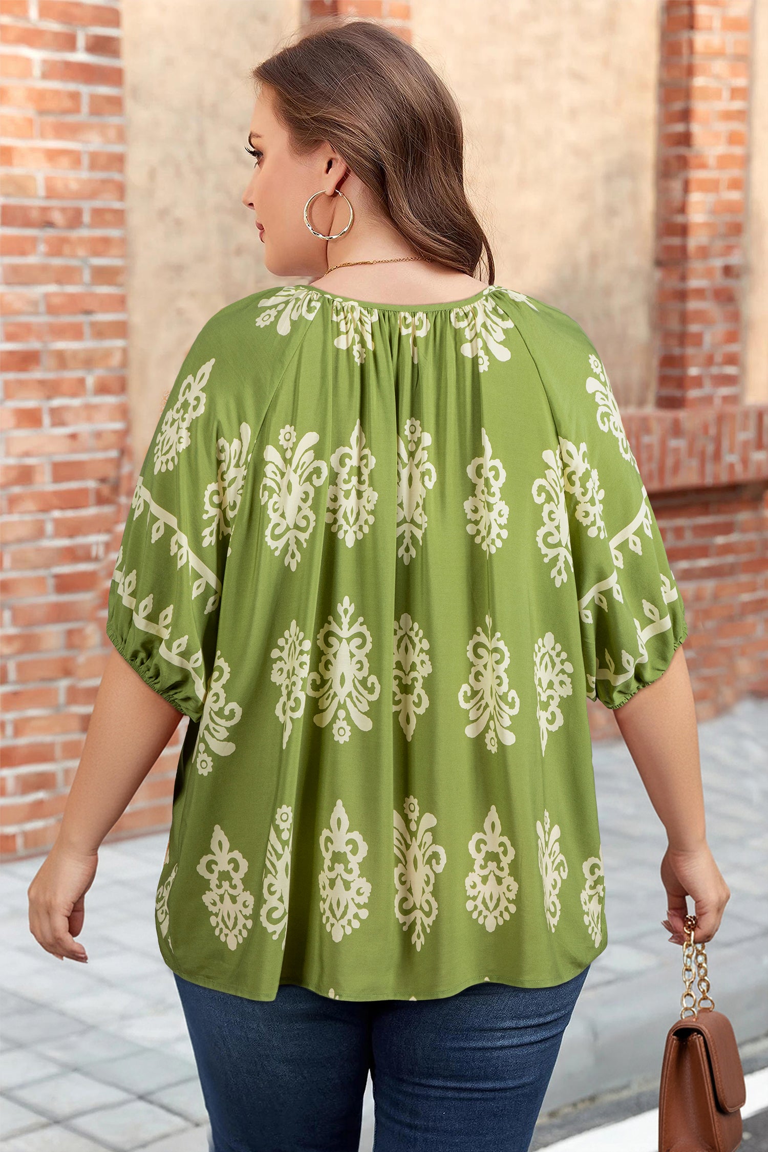 Green Boho Chic Notched V Neck Plus Floral Short Sleeve Top-Plus Size/Plus Size Tops/Plus Size Blouses & Shirts-[Adult]-[Female]-2022 Online Blue Zone Planet