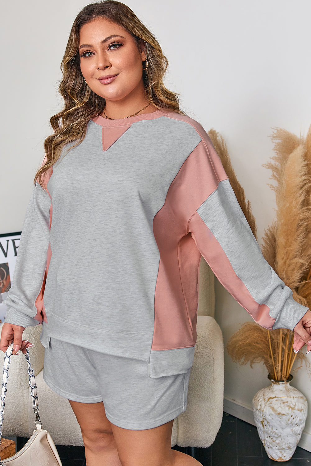 Light Grey Uneven Hem Colorblock Pullover Casual Shorts Plus Size 2pcs Outfit-Plus Size/Plus Size Loungewear-[Adult]-[Female]-2022 Online Blue Zone Planet