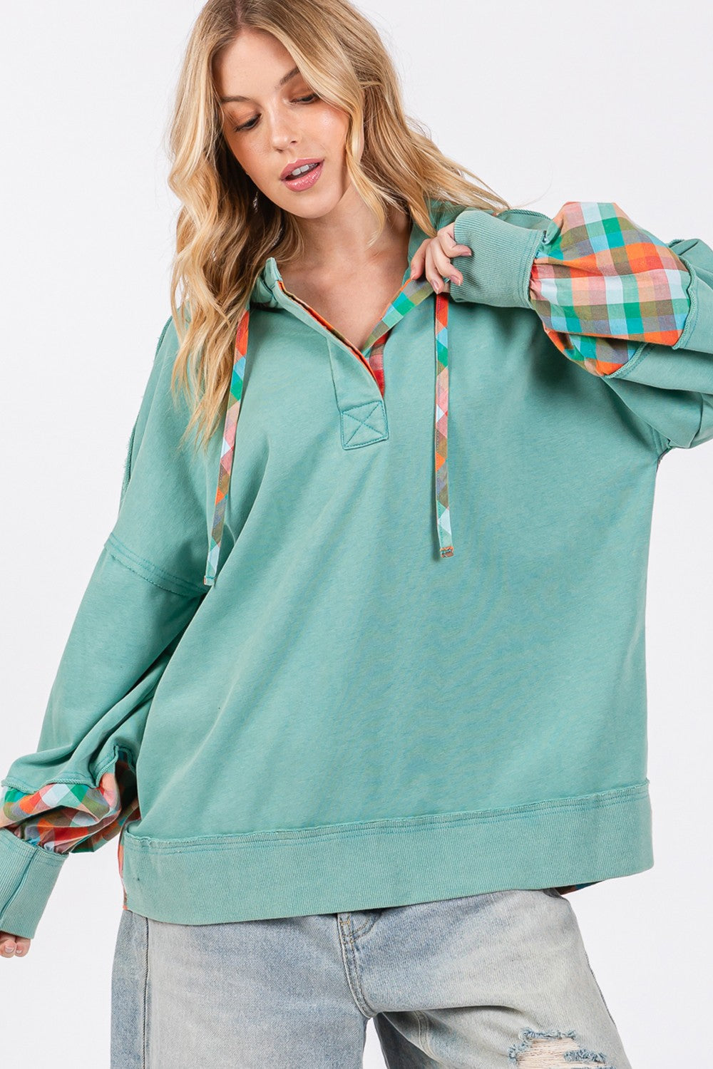 Blue Zone Planet | SAGE + FIG Full Size Plaid Print Washed Hoodie-Tops / Dresses-[Adult]-[Female]-Eucalyptus-S-2022 Online Blue Zone Planet