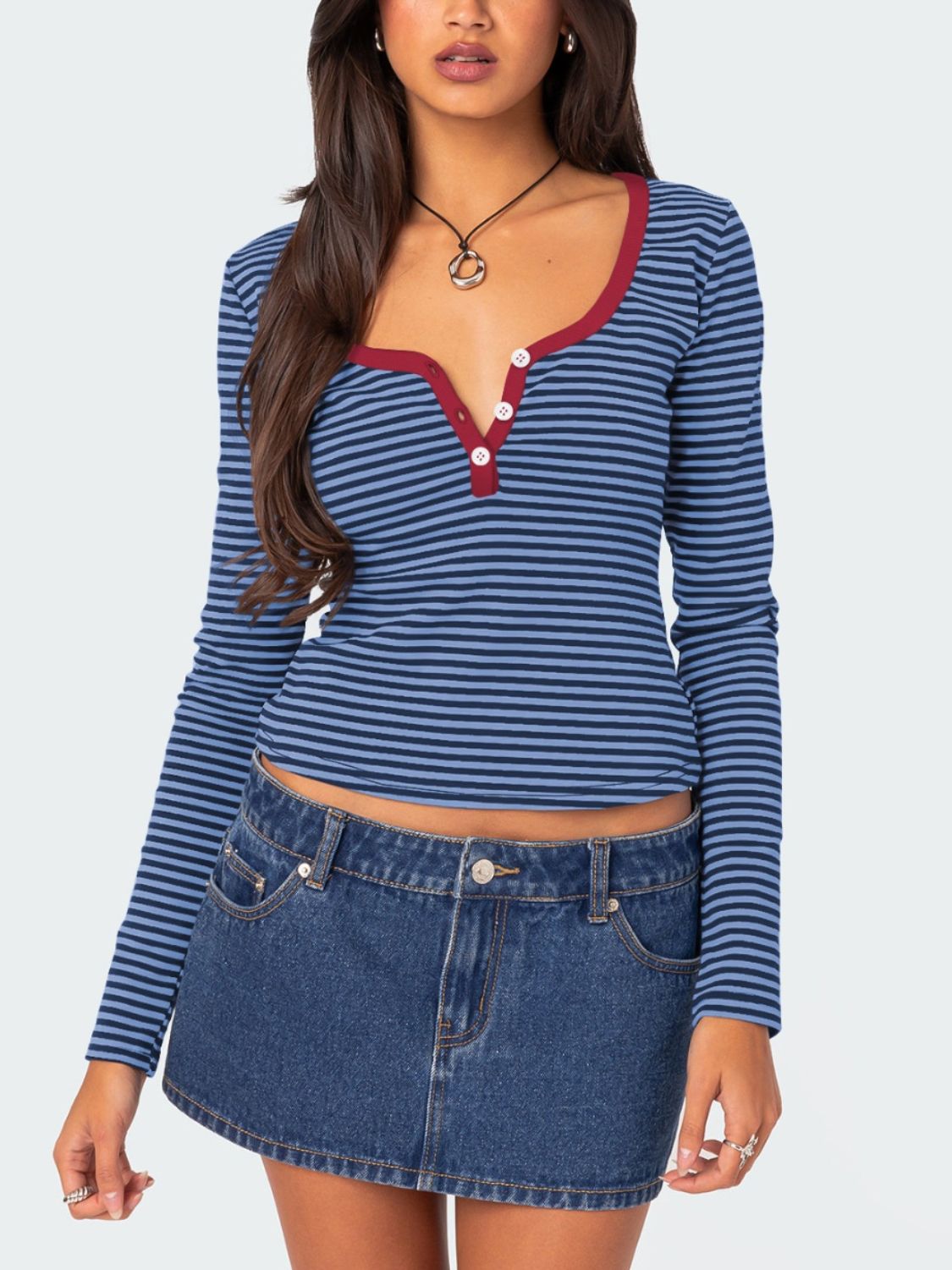 Buttoned Striped Long Sleeve T-Shirt-TOPS / DRESSES-[Adult]-[Female]-Navy-S-2022 Online Blue Zone Planet