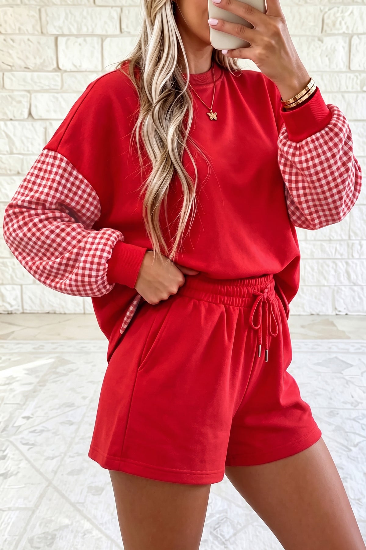 Red Plaid Patchwork Long Sleeve Top Solid Drawstring Shorts Set-Two Piece Sets/Short Sets-[Adult]-[Female]-2022 Online Blue Zone Planet