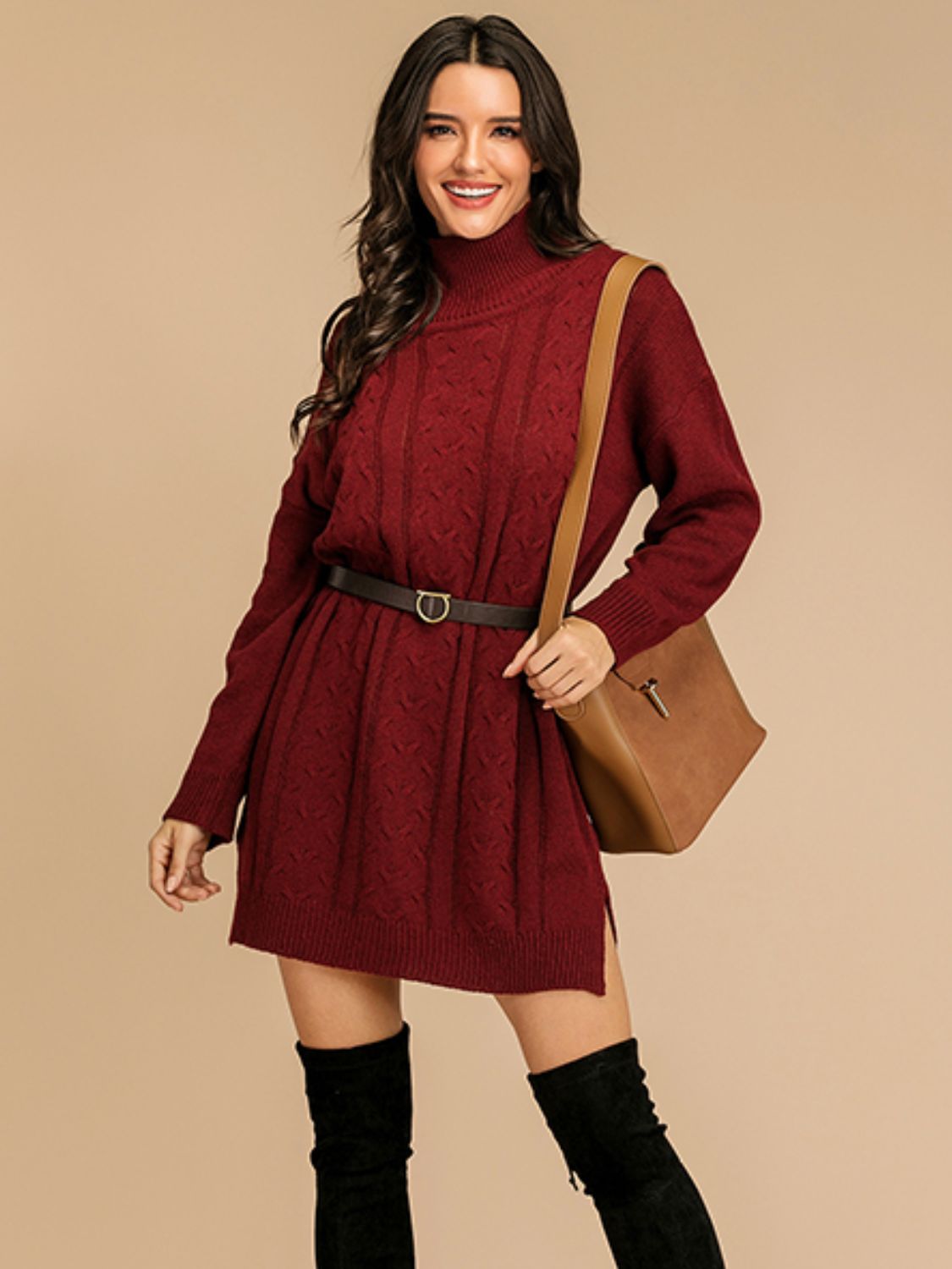 Perfee Slit Turtleneck Long Sleeve Mini Sweater Dress-TOPS / DRESSES-[Adult]-[Female]-Burgundy-M-2022 Online Blue Zone Planet