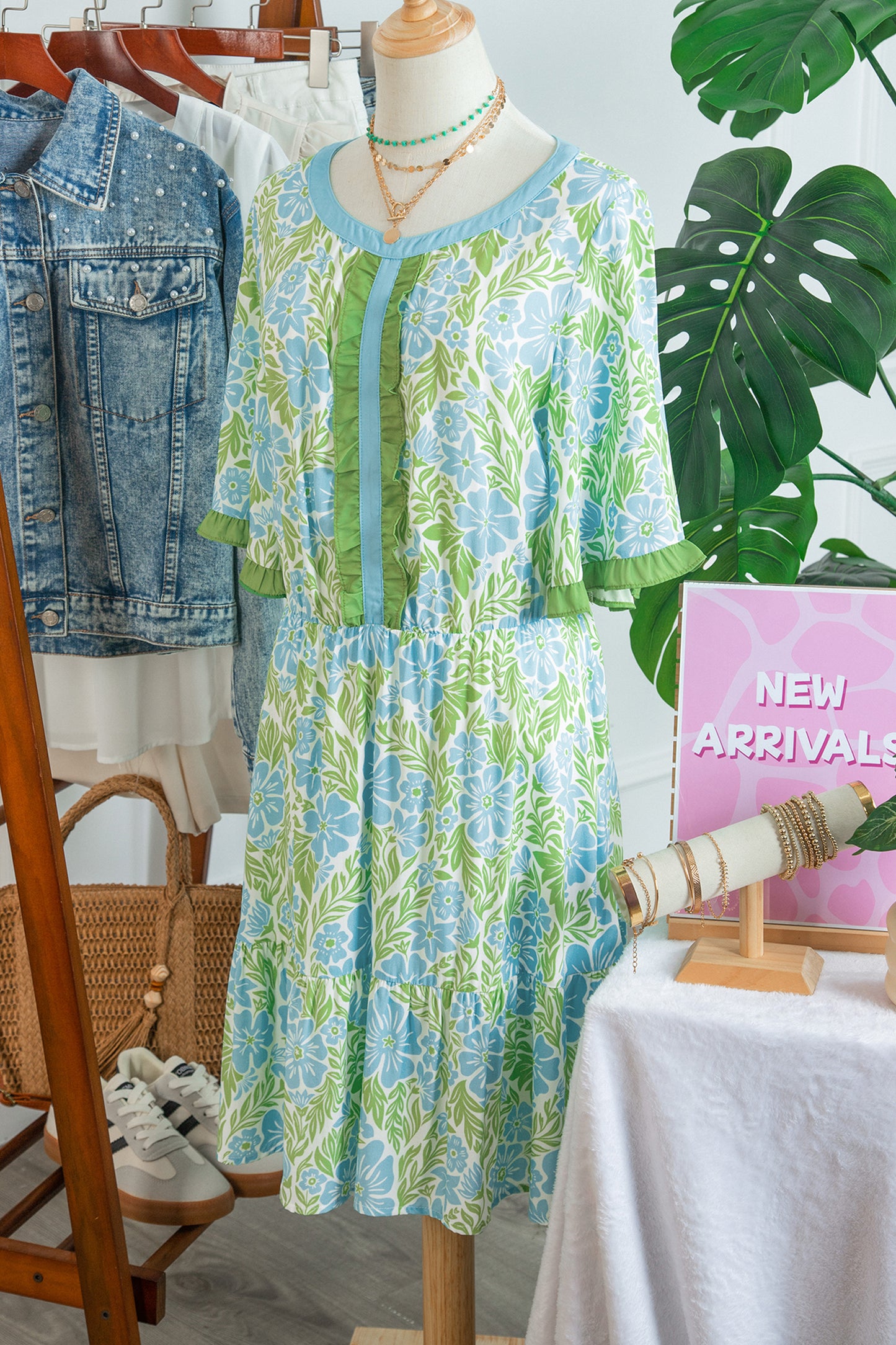 Sky Blue Floral Print High Waist Ruffle Short Sleeve Mini Dress-TOPS / DRESSES-[Adult]-[Female]-2022 Online Blue Zone Planet
