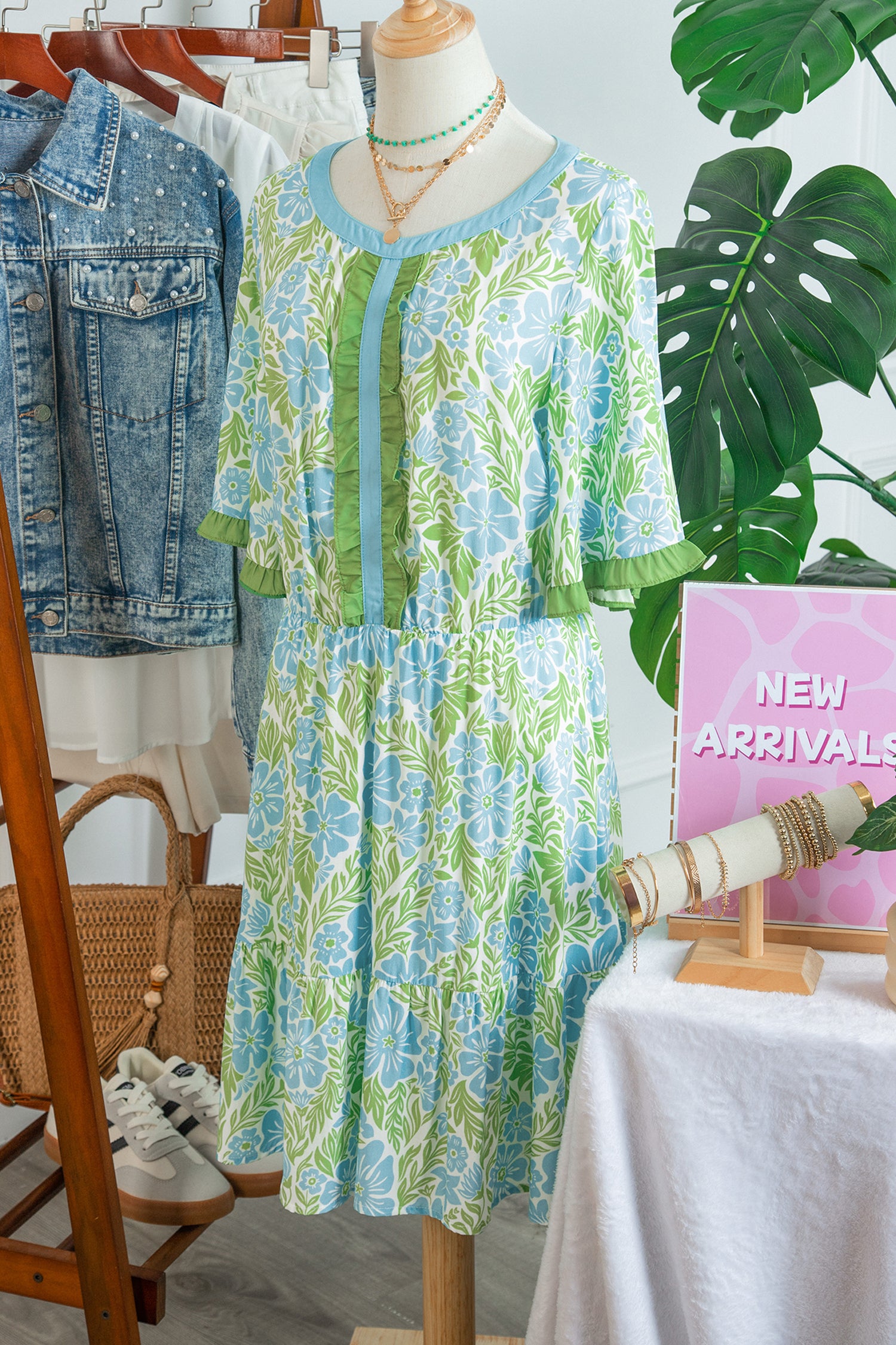 Sky Blue Floral Print High Waist Ruffle Short Sleeve Mini Dress-TOPS / DRESSES-[Adult]-[Female]-2022 Online Blue Zone Planet