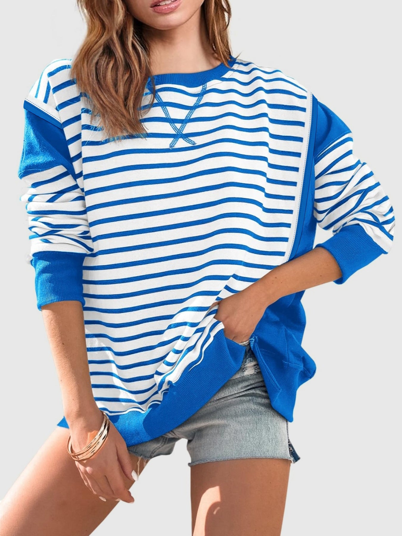 Slit Exposed Seam Striped Long Sleeve Sweatshirt-TOPS / DRESSES-[Adult]-[Female]-Royal Blue-S-2022 Online Blue Zone Planet