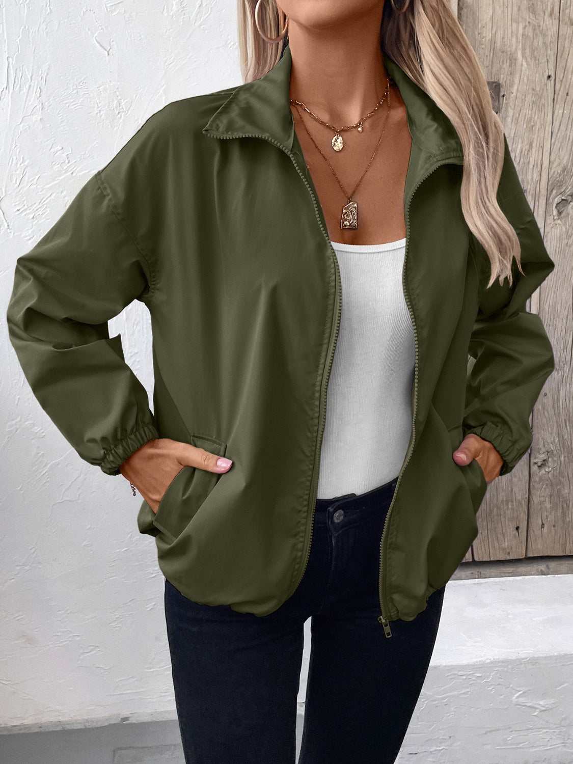 Blue Zone Planet | Pocketed Zip Up Long Sleeve Jacket-TOPS / DRESSES-[Adult]-[Female]-Army Green-S-2022 Online Blue Zone Planet