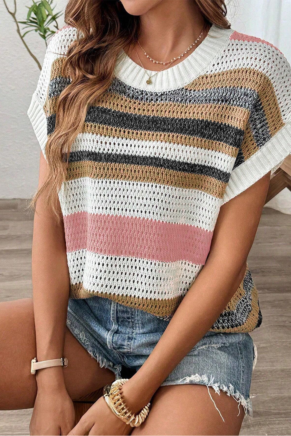 Blue Zone Planet | Pink Stripe Colorblock Eyelet Knit Short Sleeve Sweater Tee-Short Sleeve Sweater-[Adult]-[Female]-2022 Online Blue Zone Planet