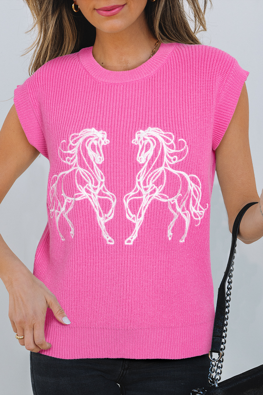Sachet Pink Western Horse Embroidered Round Neck Sweater Tee-Sweaters & Cardigans/Short Sleeve Sweaters-[Adult]-[Female]-Sachet Pink-S-2022 Online Blue Zone Planet